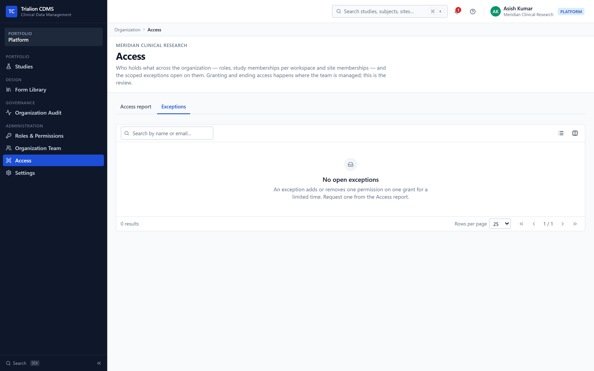 The Exceptions tab of Access: the time-limited additions and removals of one permission on one grant.
