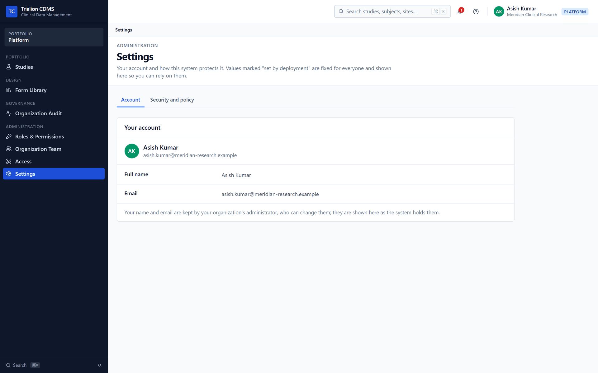 Settings, Account tab: the person's name and e-mail address as the organization keeps them.
