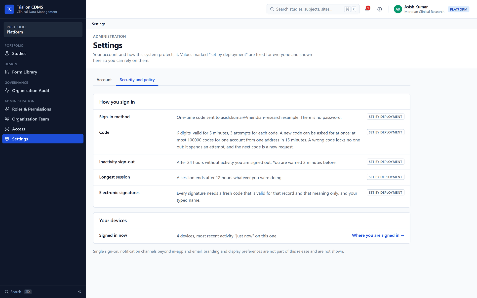Settings, Security and policy tab: the session and sign-in values set by the deployment.