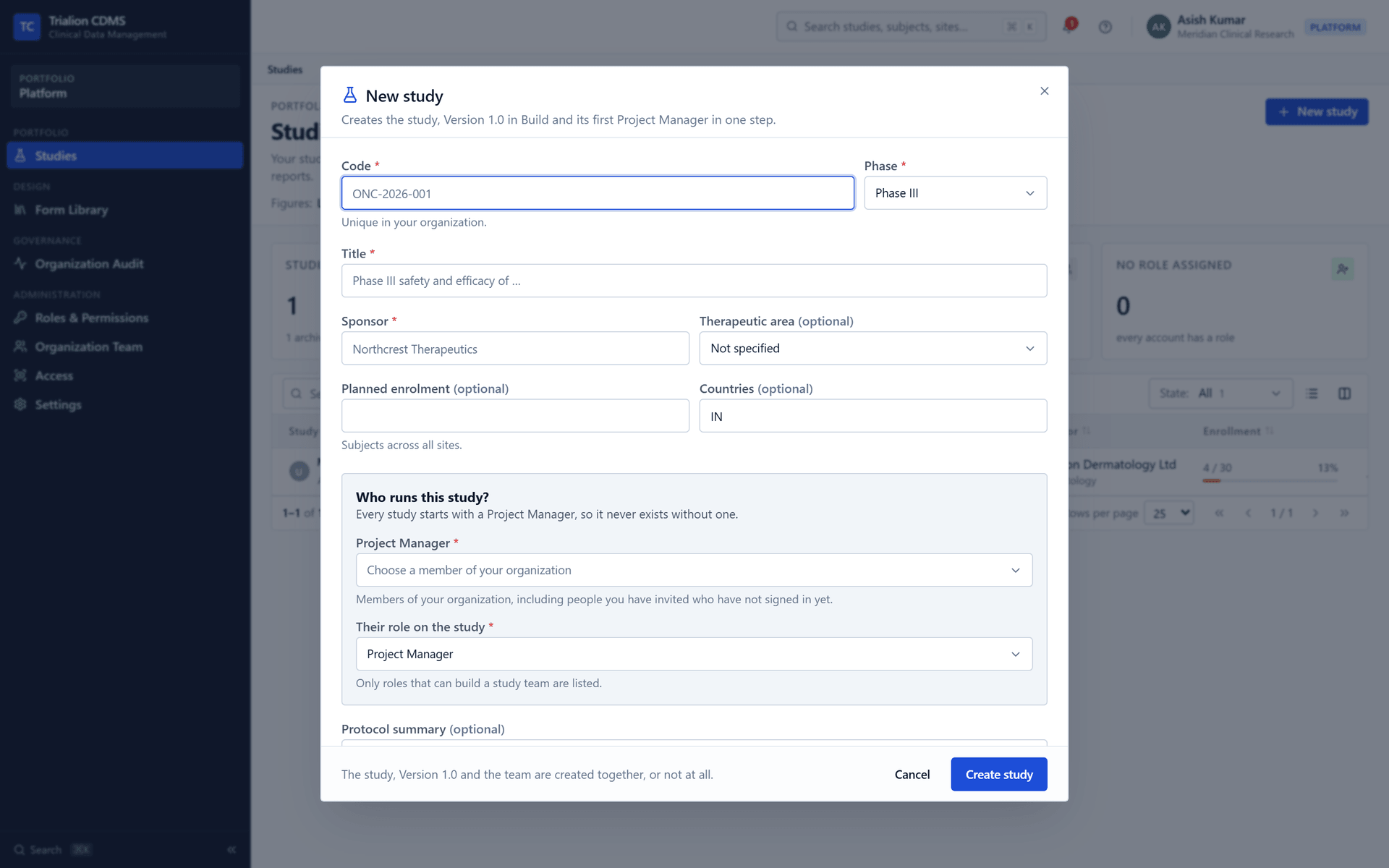 The New study dialog: code, phase, title, sponsor, therapeutic area, planned enrollment, countries, the Project Manager and the protocol summary.