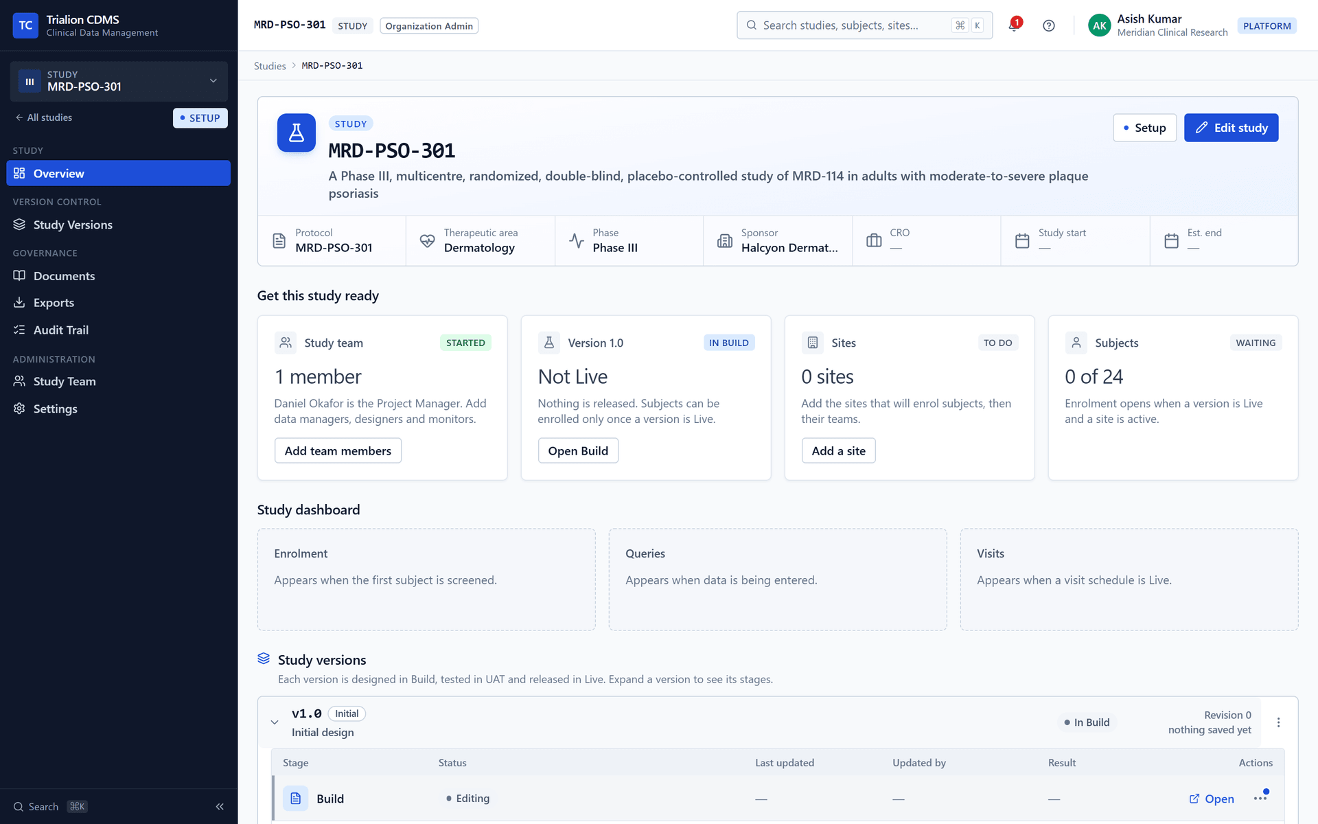 The study right after it was created: state Setup, version 1.0 in Build and the Project Manager on the team.
