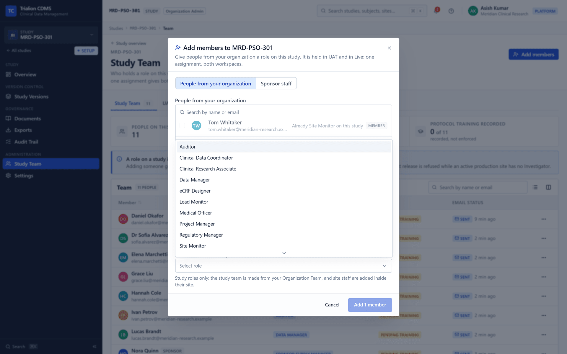 The roles that can be given on a study: the organization's own study roles by name, custom roles included, and no site roles.