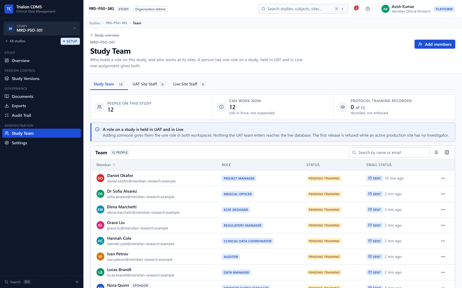 The study team: one row per person, one role each, the two sponsor people tagged Sponsor, with status and e-mail status.