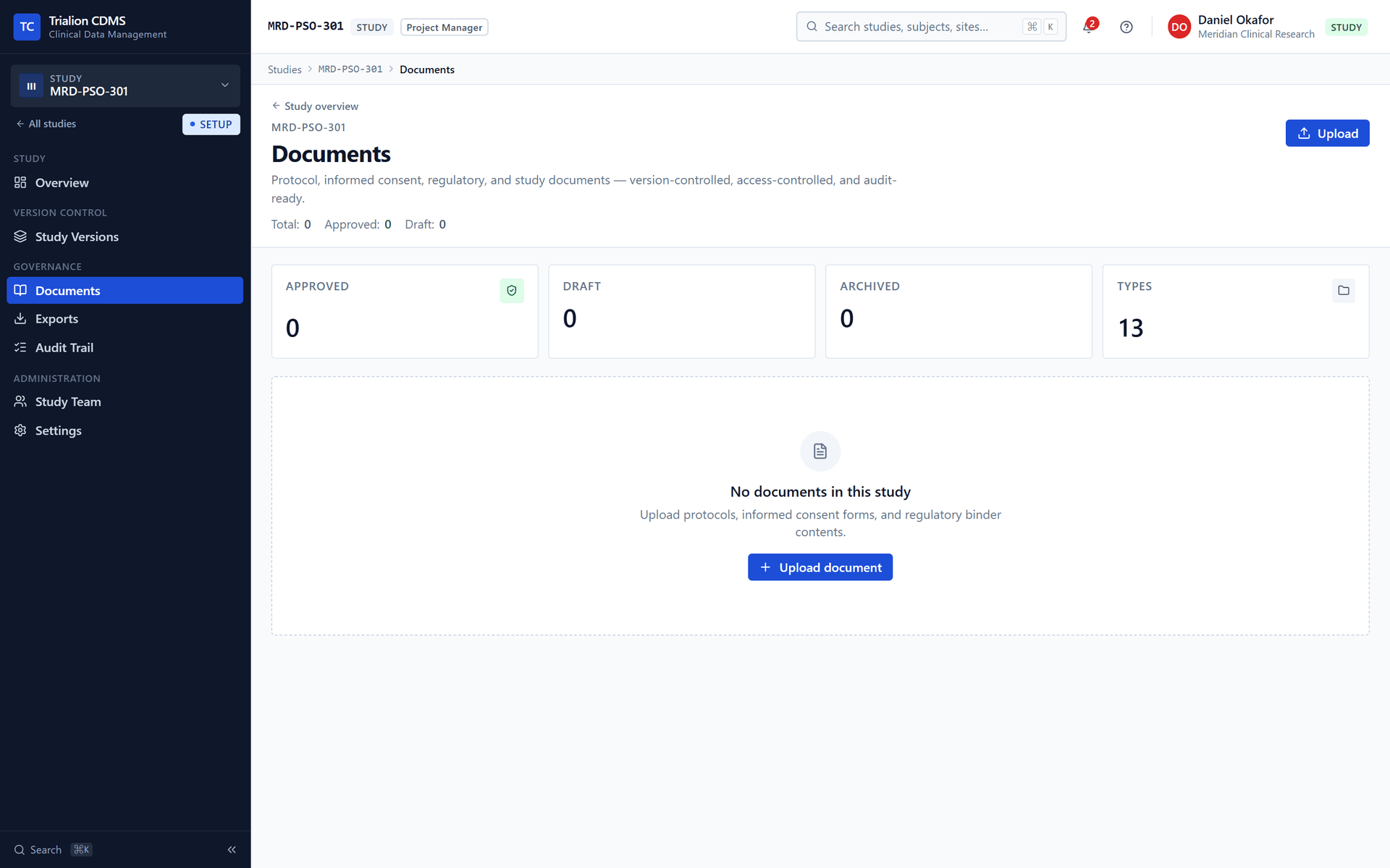 The study Documents page before anything is uploaded, with the Upload button.