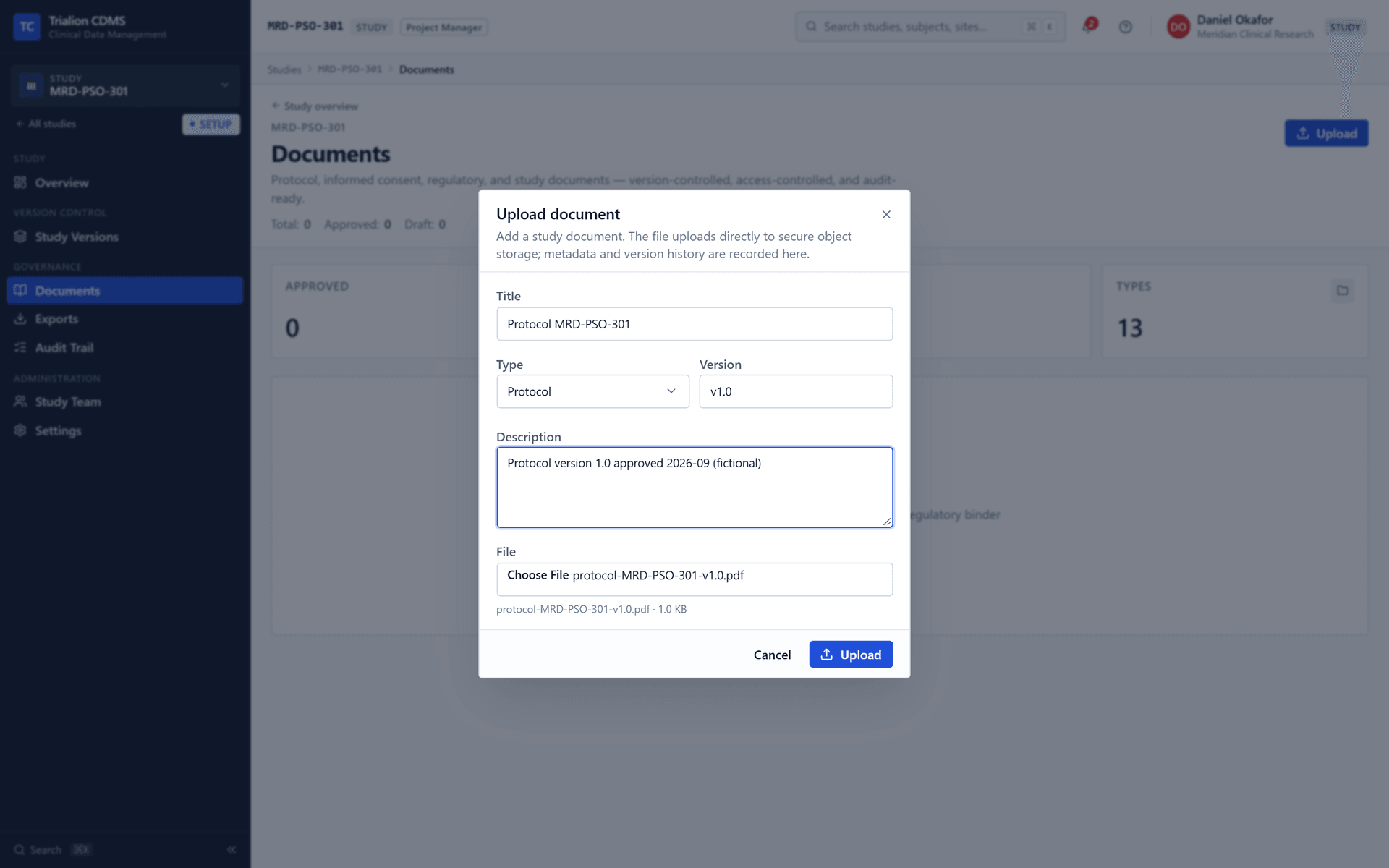 The upload dialog filled for the protocol: title, type, version, description and the file chosen.