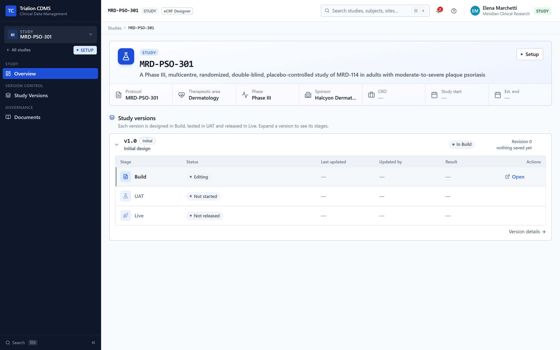 The study overview as the eCRF Designer sees it in Setup, with the Open Build button.