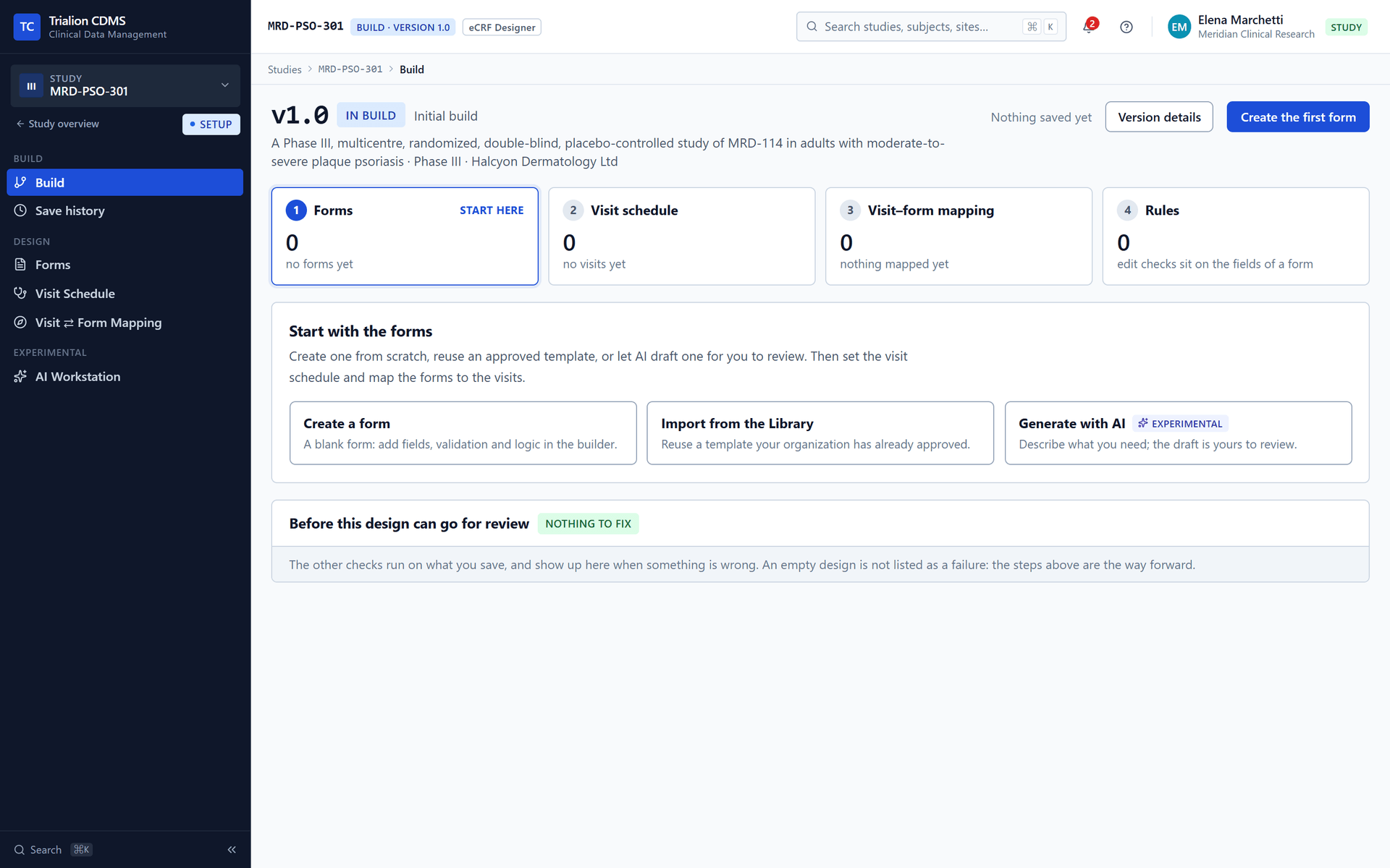The Build workbench of an empty version: four numbered parts (Forms, Visit schedule, Visit-form mapping and Rules) and links to Saves, Corrections and the AI workstation.