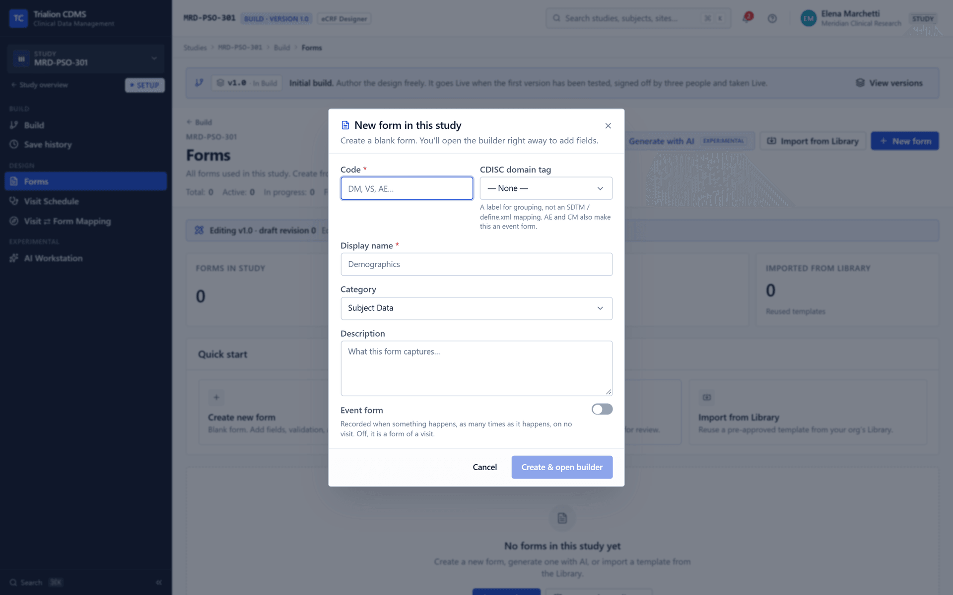 The Create a form dialog.