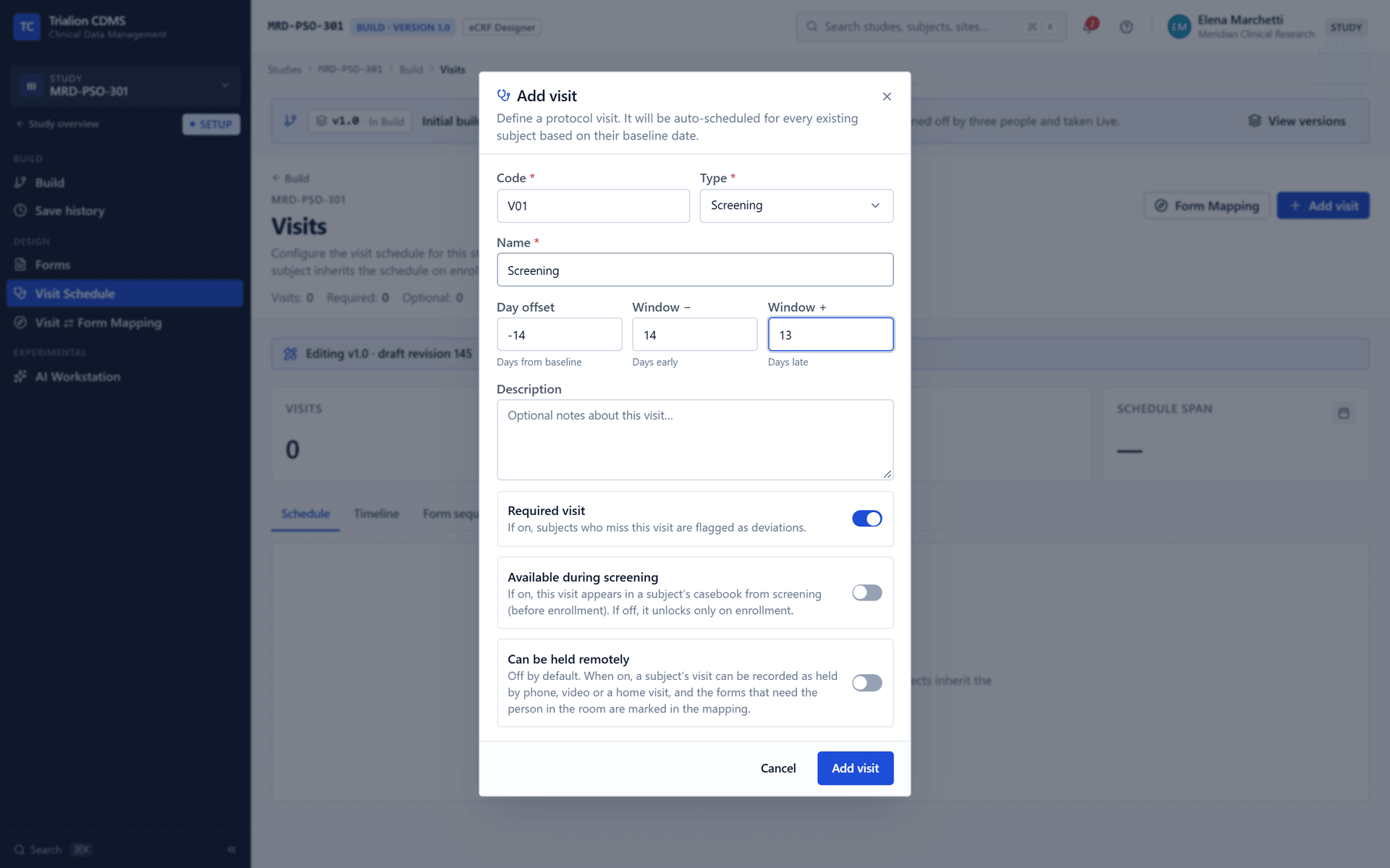 The Add visit dialog filled for Screening: code, type, name, day offset from baseline, window before and after, required and available during screening.