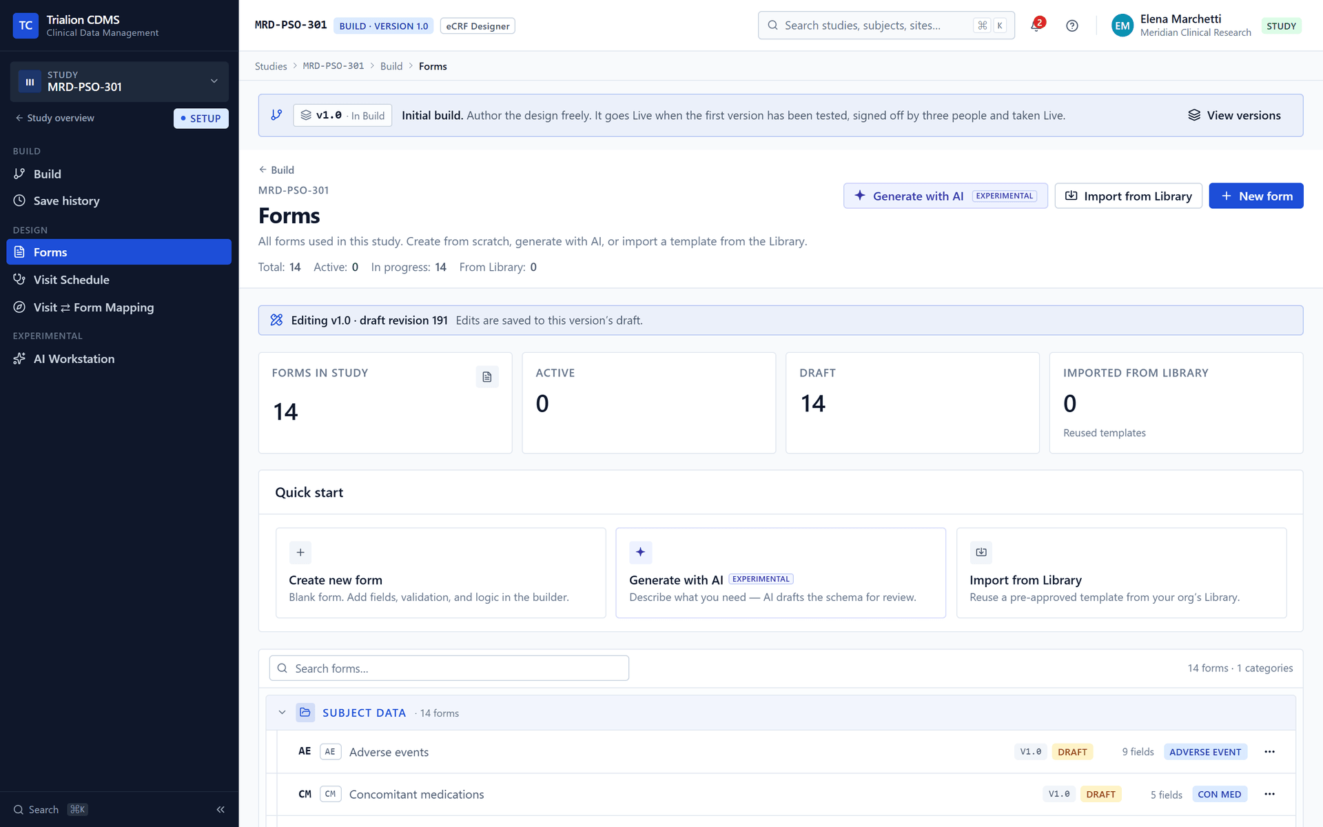 The Forms list after the build: every form with its field count; the table-only forms are counted by their data columns.