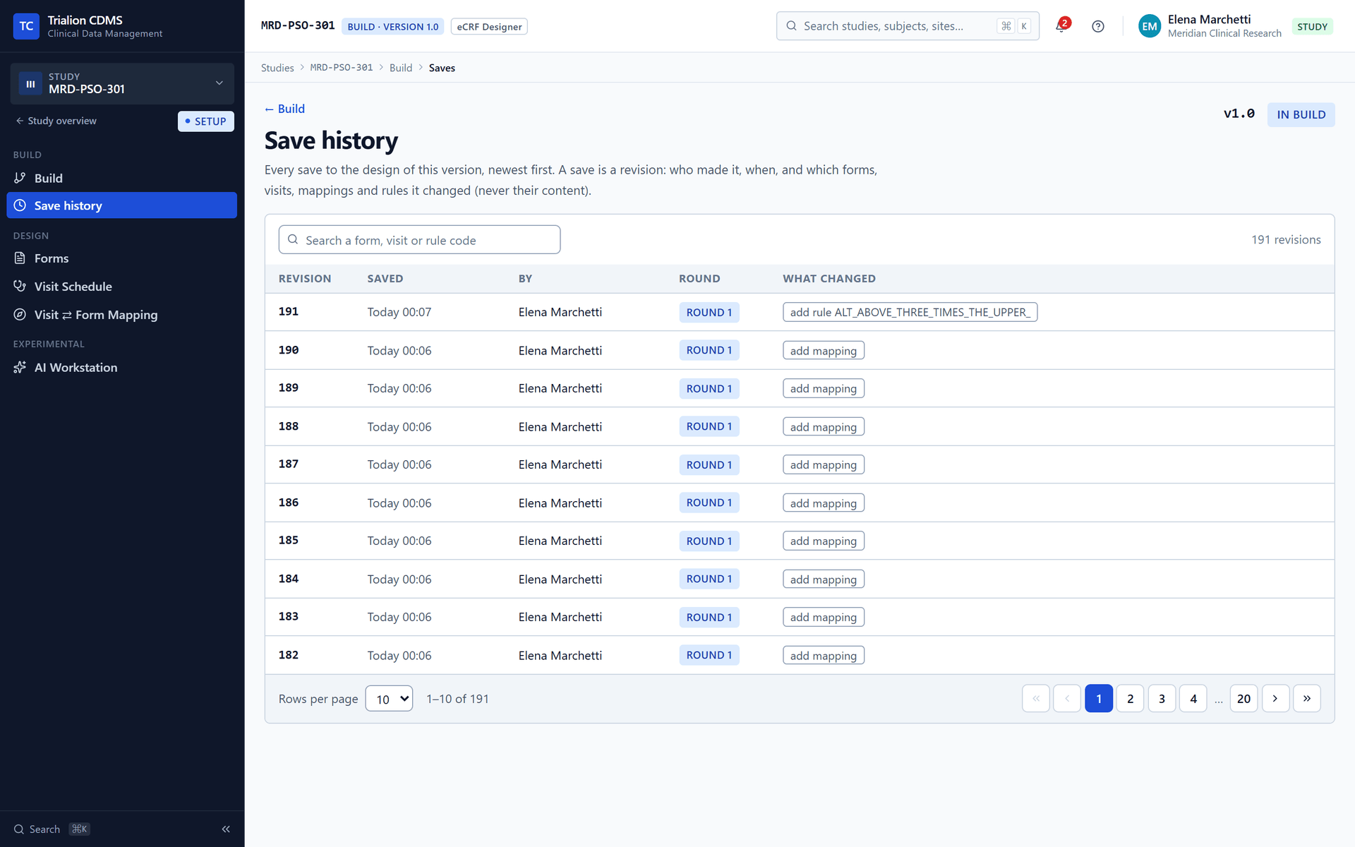 The Save history page of the version.