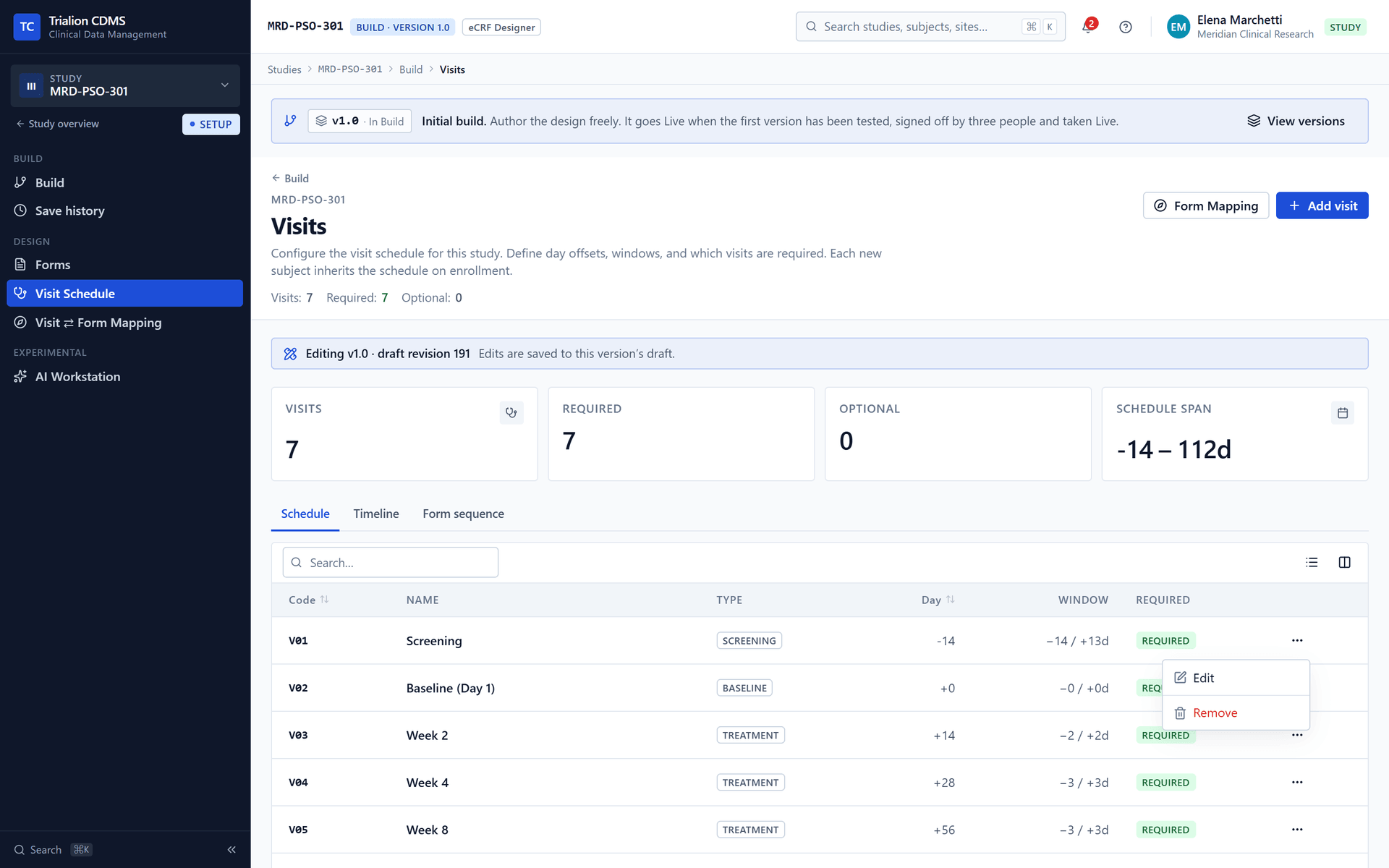 The actions behind a visit's menu on the visit schedule.