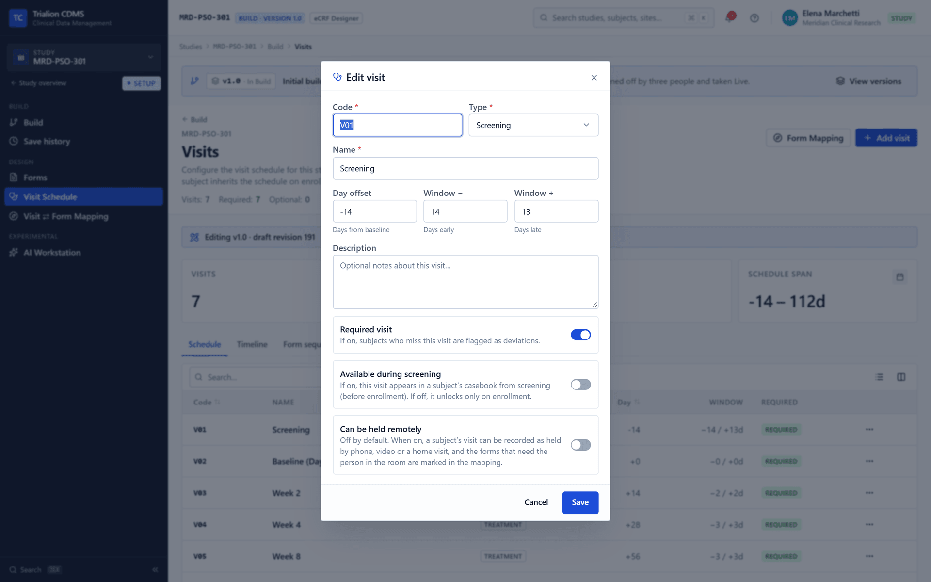 Editing an existing visit: code, type, name, day offset, windows and whether it is required.