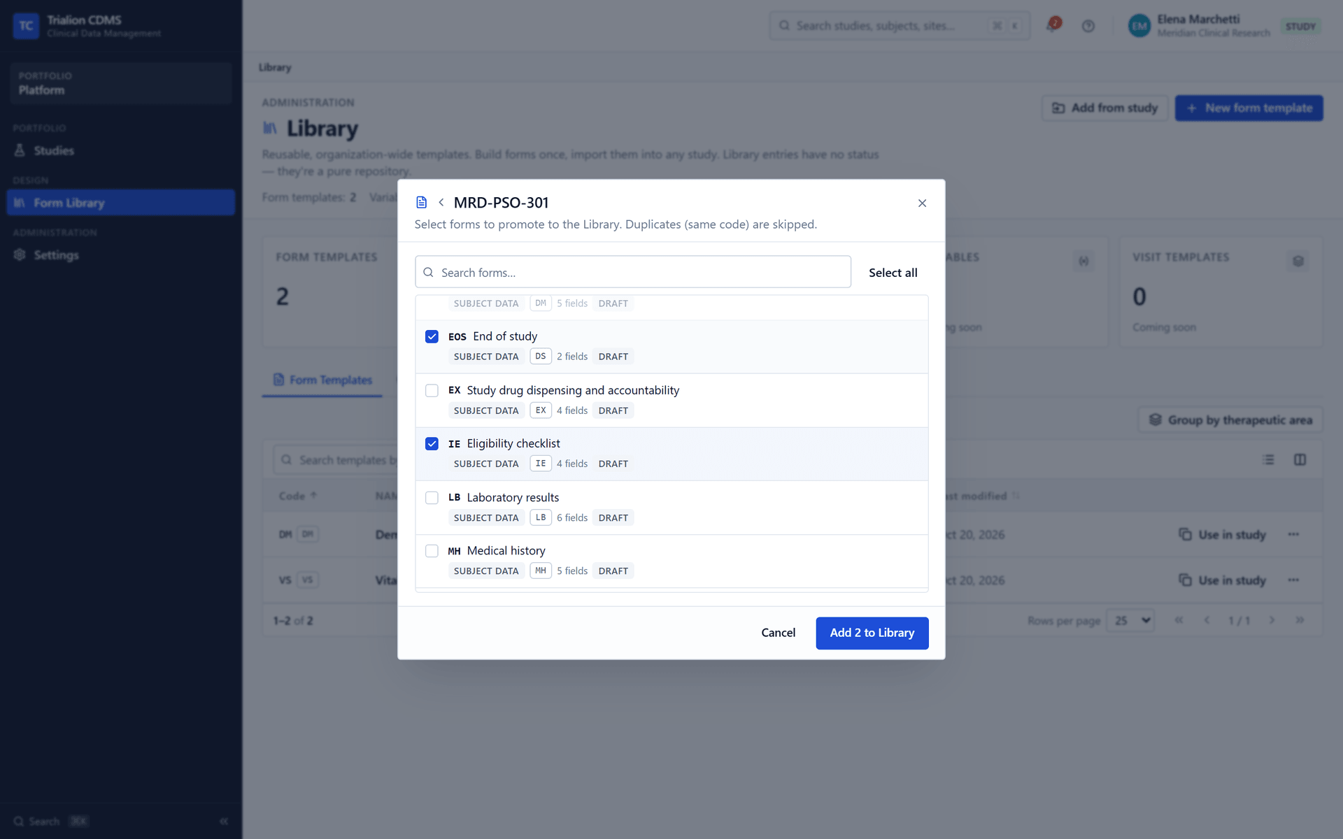 Add from study: two forms ticked to be promoted to the library; duplicates by code are skipped.