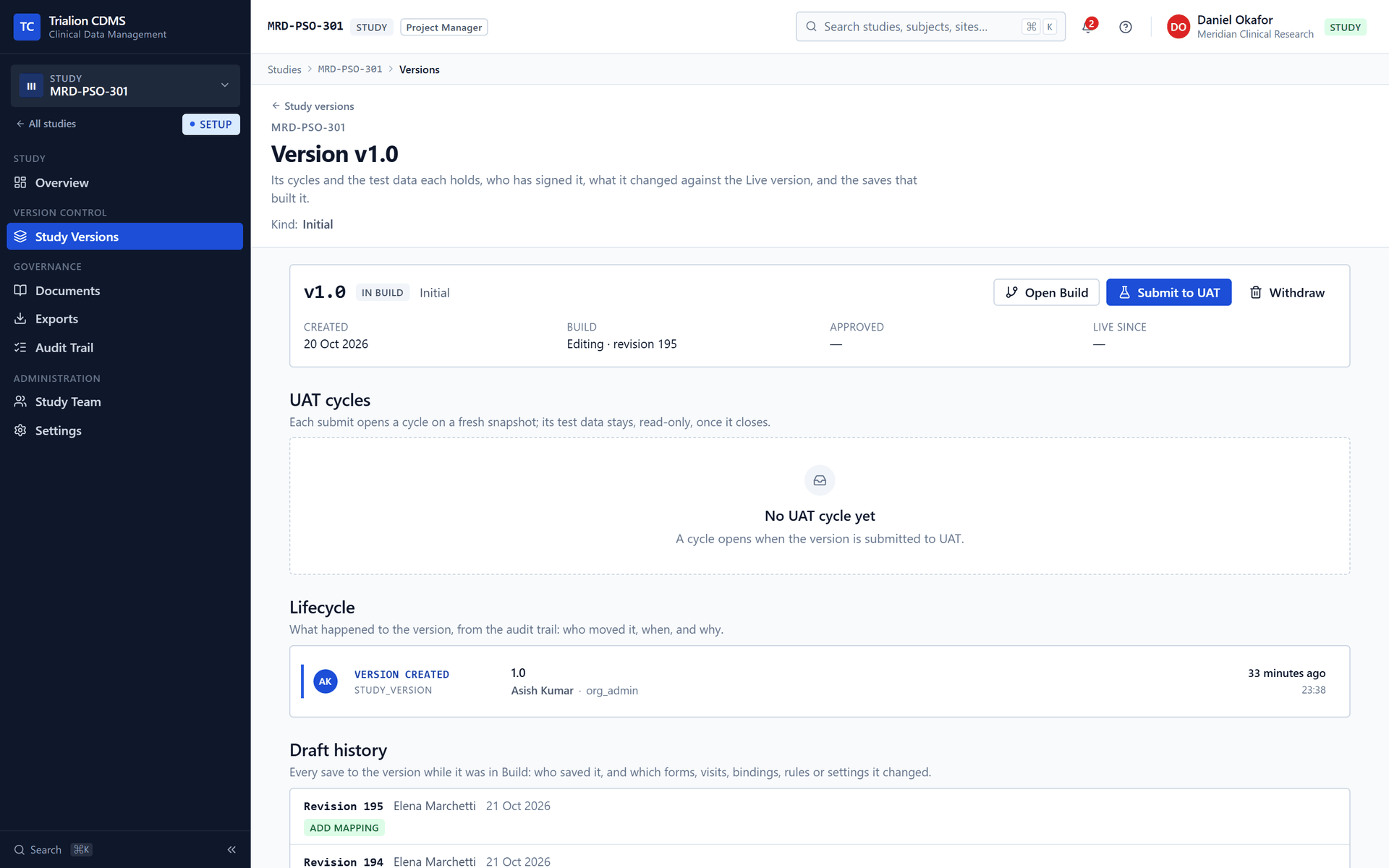Version 1.0 in Build: the Submit to UAT and Withdraw actions, the lifecycle and the draft history.