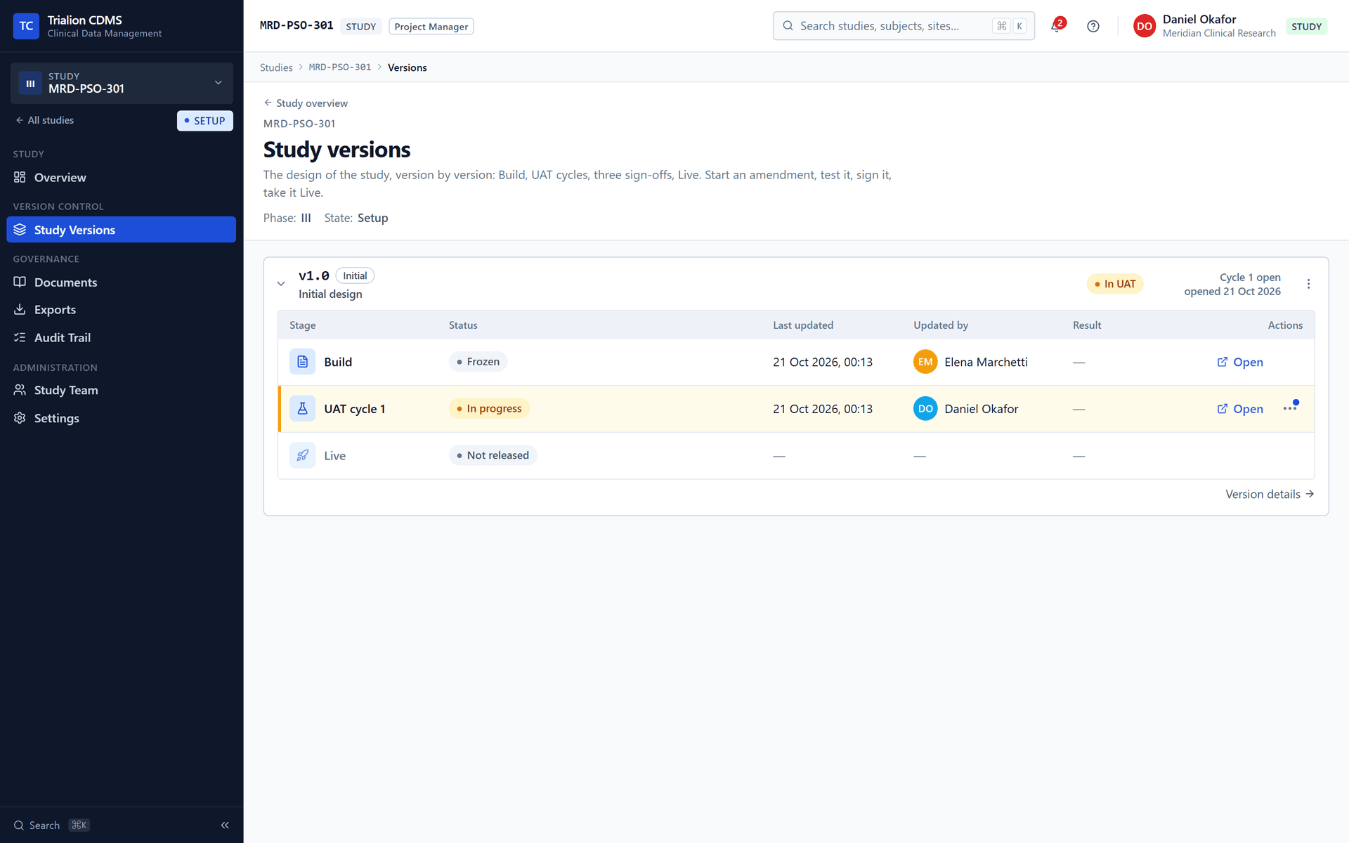 The Study Versions list with version 1.0 in UAT and the cycle row.