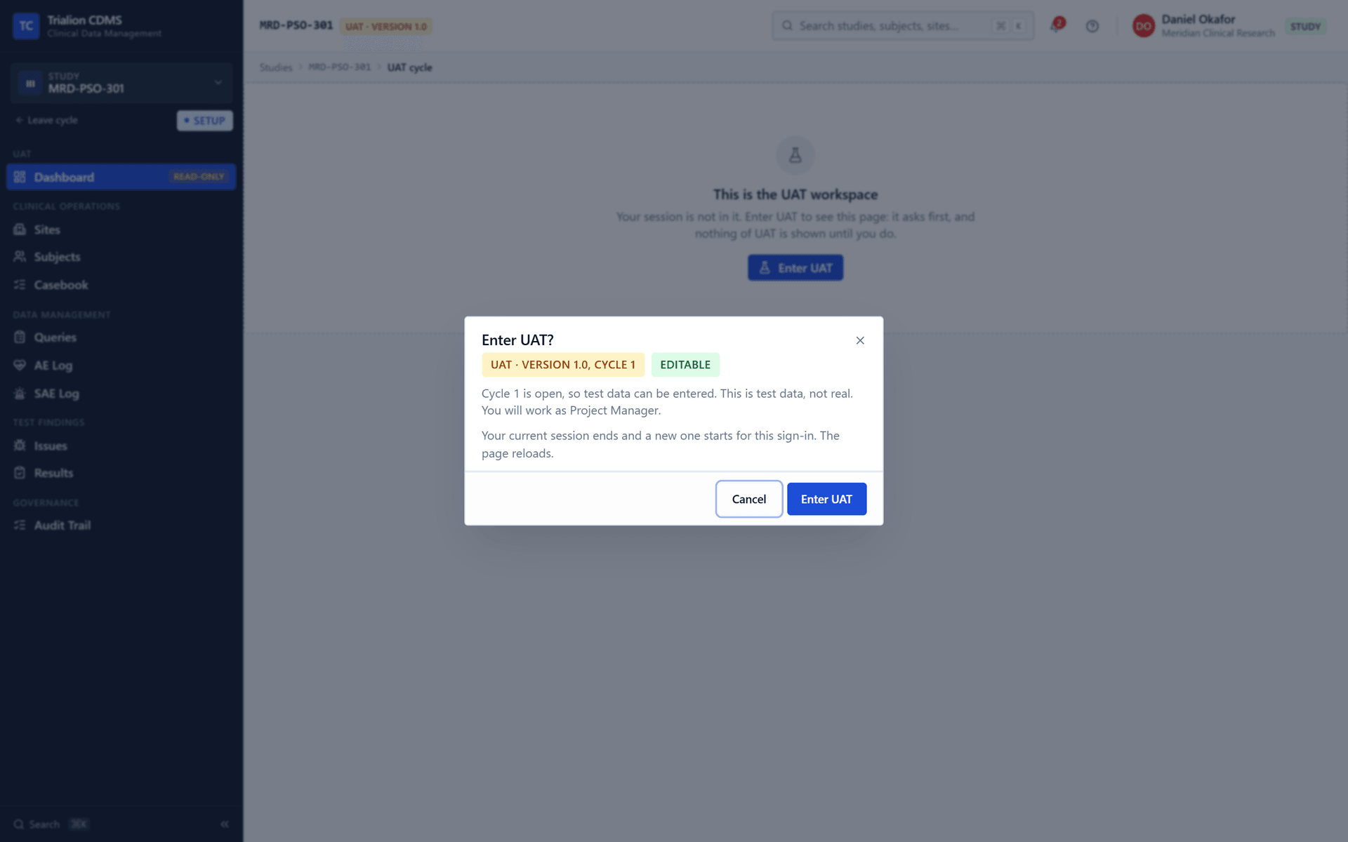 Opening a UAT cycle's address asks first to enter the UAT workspace.