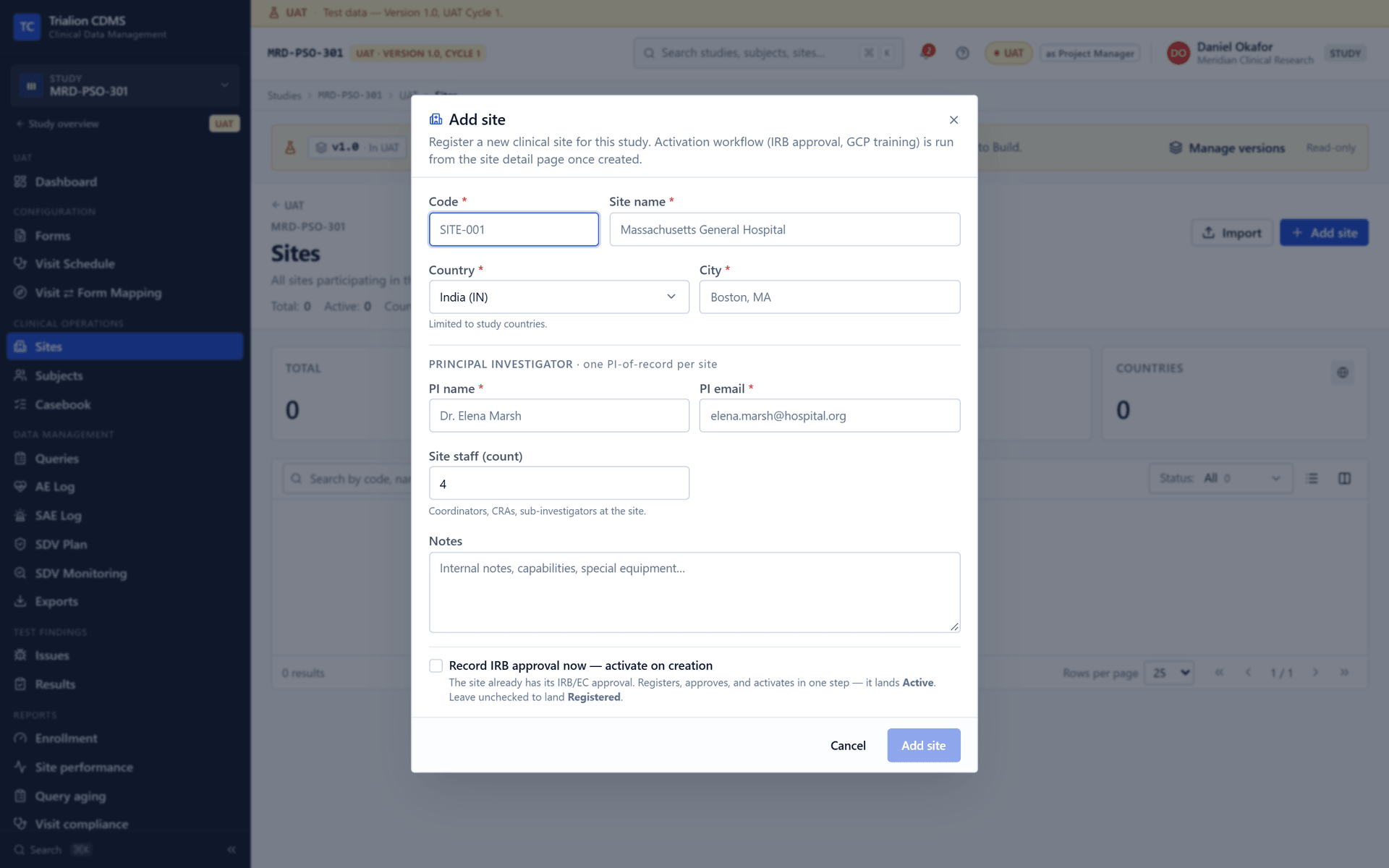The Add site dialog of the Sites page, before anything is typed.