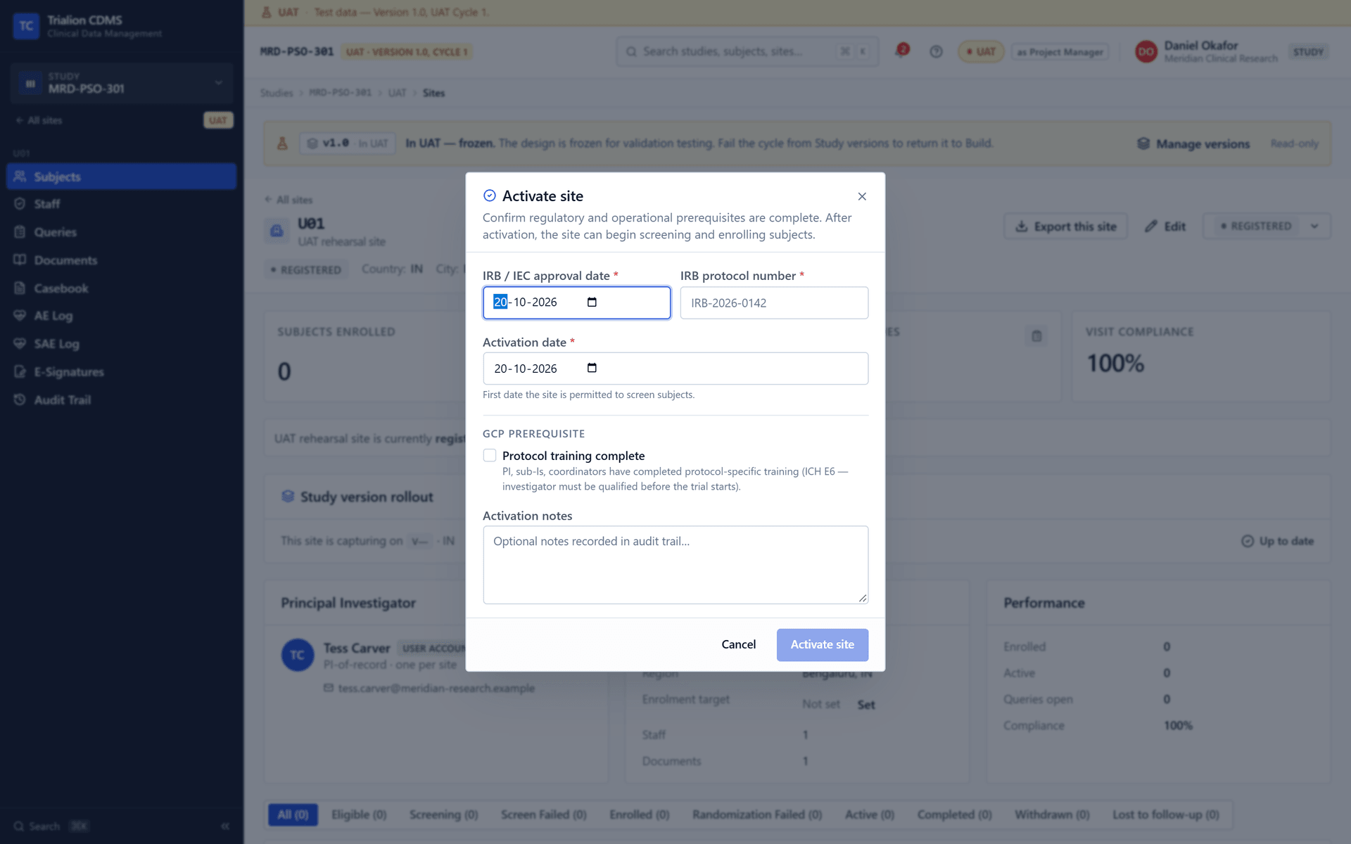 Activate site with nothing recorded: the button stays disabled until the approval date, protocol number, activation date and the GCP training confirmation are given.