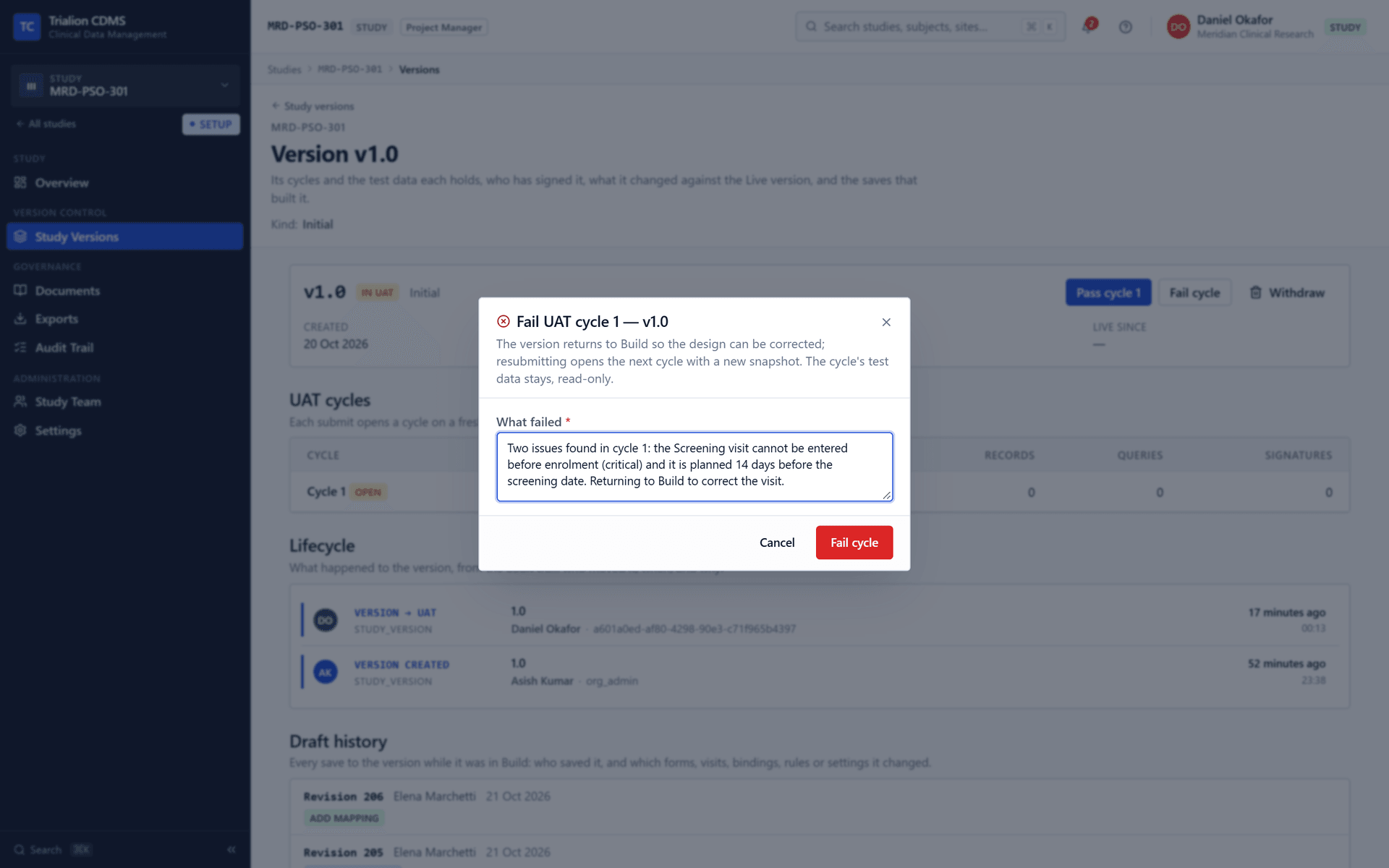Failing the UAT cycle with a note: the version returns to Build.
