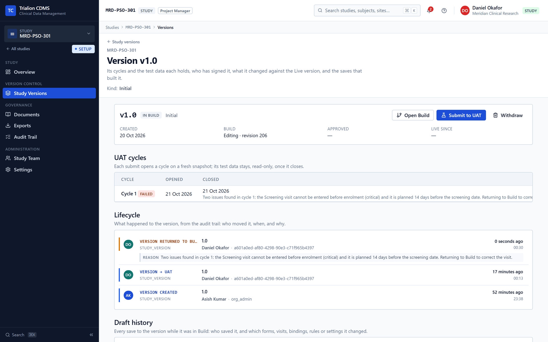Version 1.0 after the cycle was failed: back in Build with cycle 1 closed as failed.