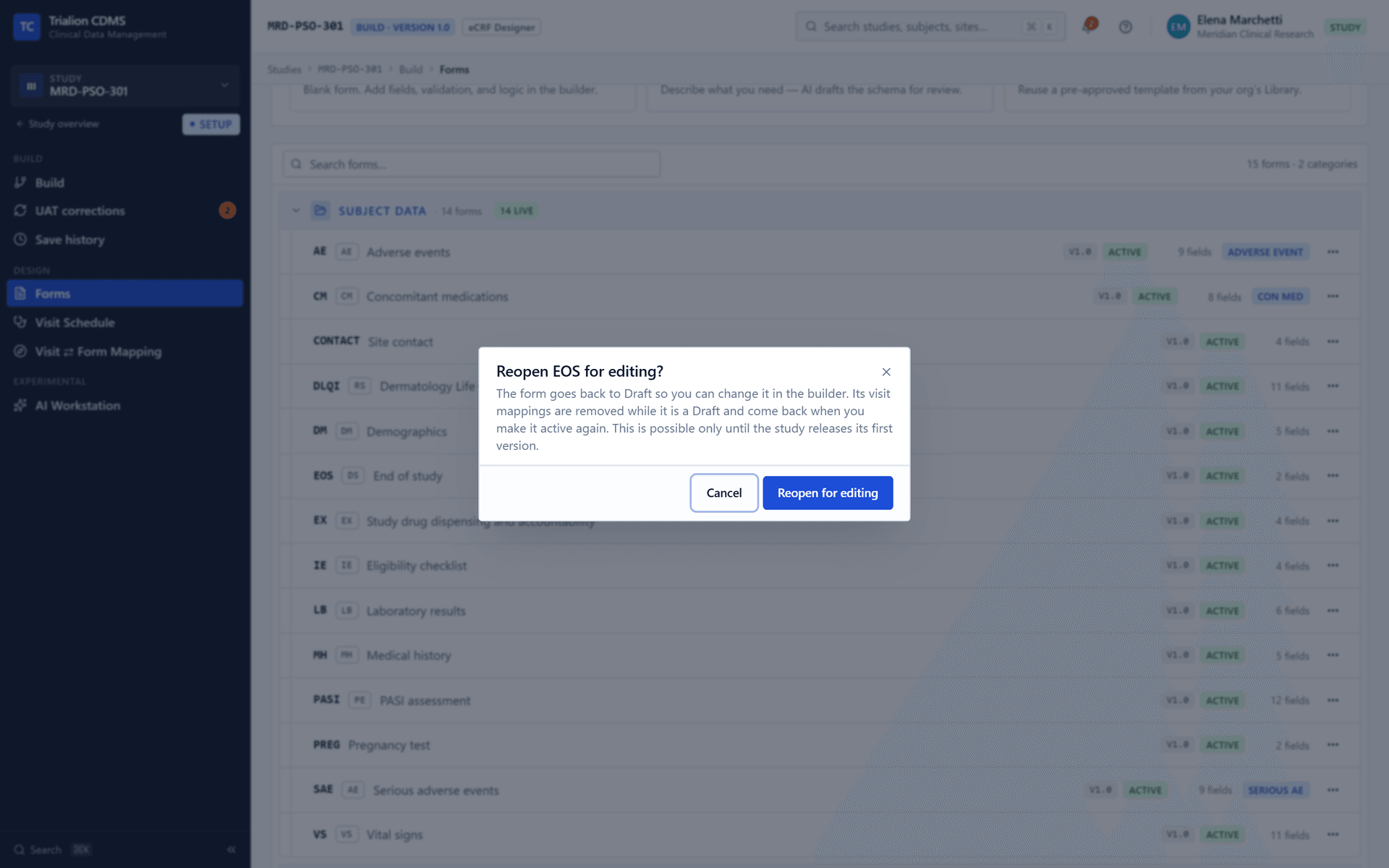 Reopen for editing: an Active form of a version that returned to Build becomes a draft again.