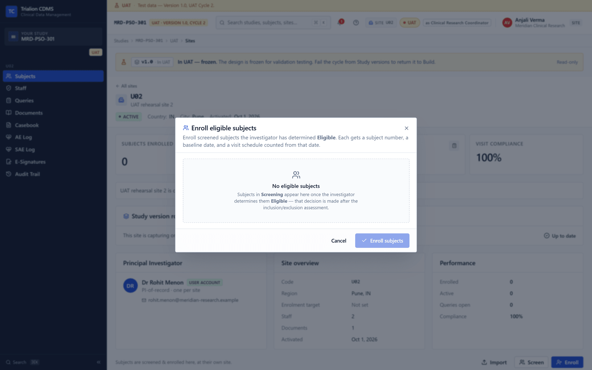 The Enroll dialog lists only participants whose eligibility is confirmed.