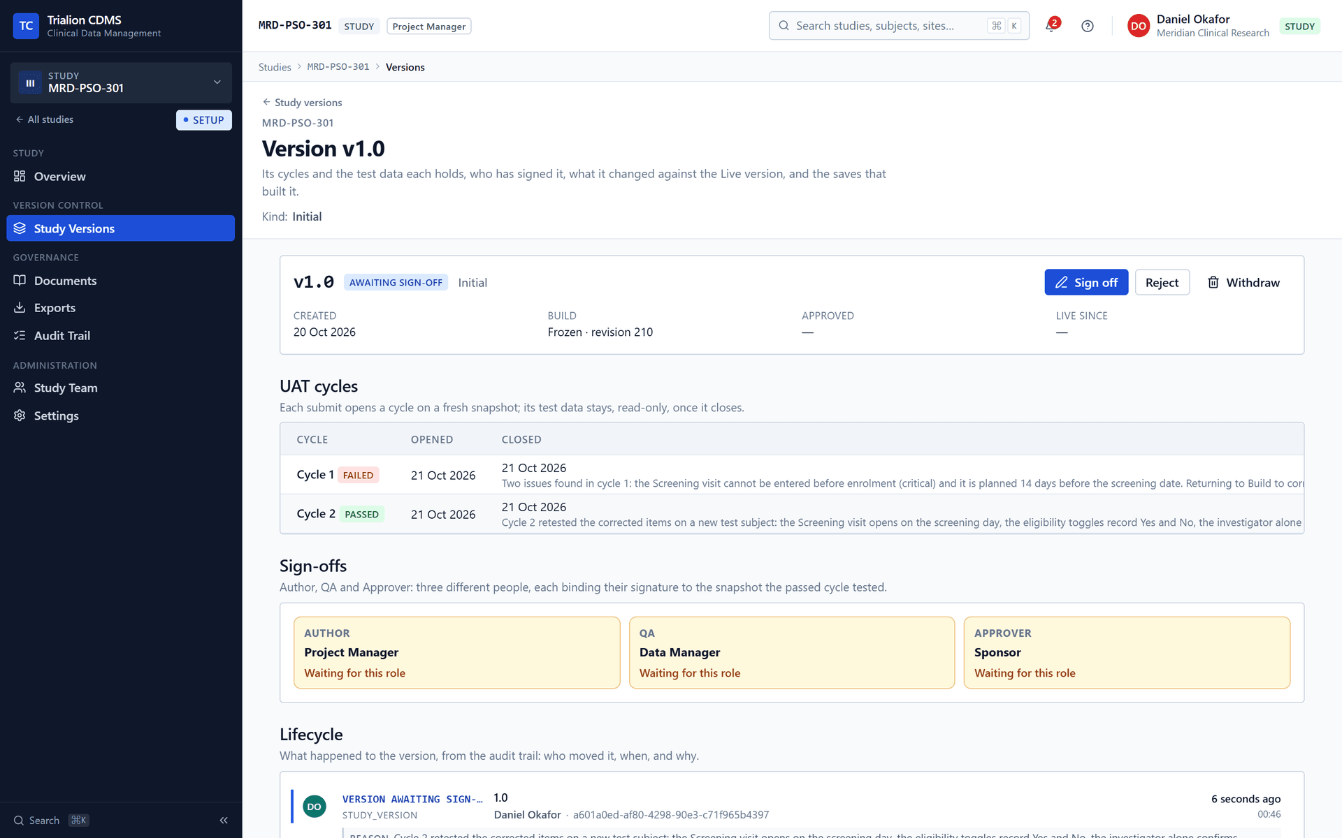 Version 1.0 after cycle 2 passed: awaiting the three sign-offs (author, QA and approver).