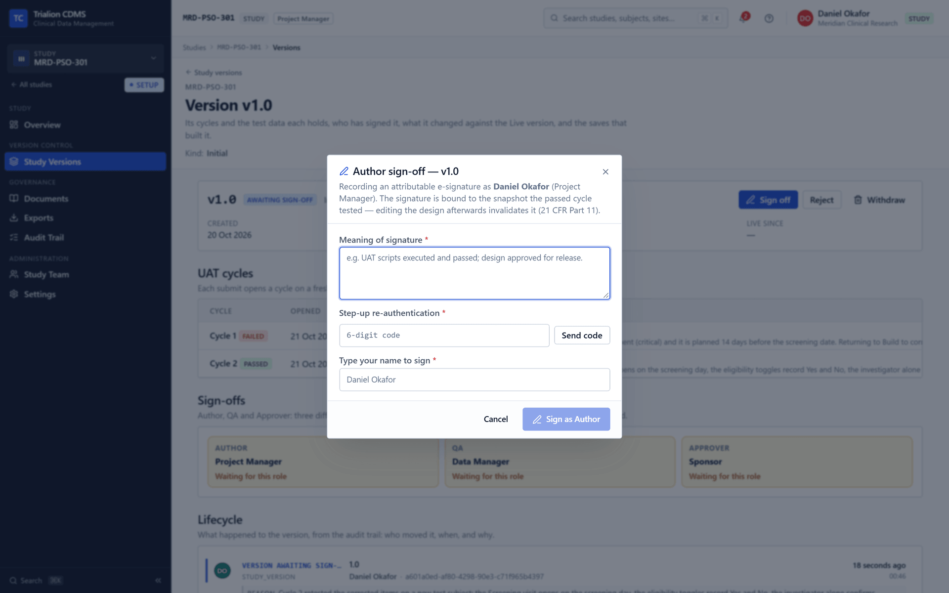 The sign-off dialog of the Author (Project Manager): the meaning of the signature, a fresh one-time code and the typed name.