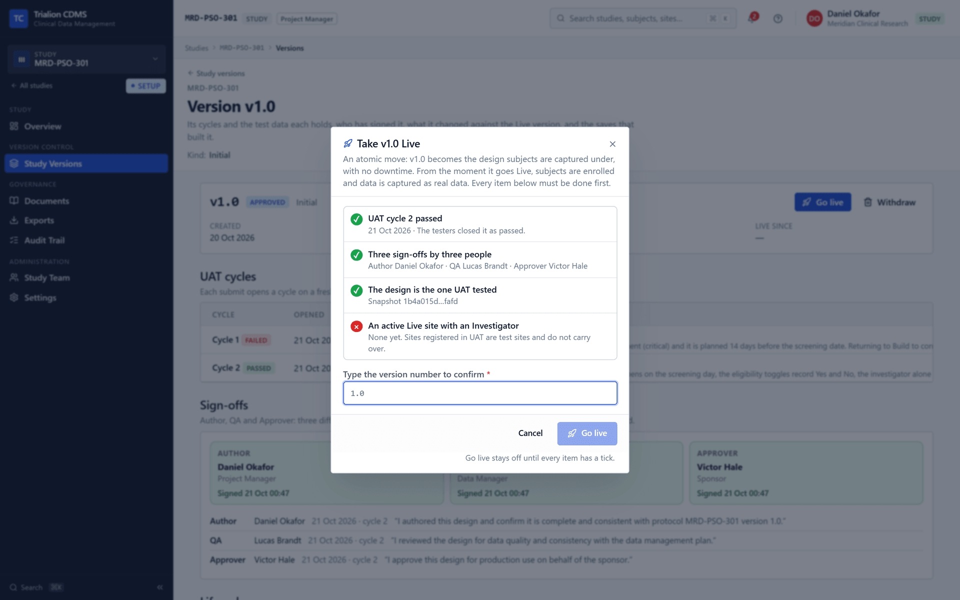 The Go live dialog and its checklist before any production site exists: the checklist of what a go-live needs.