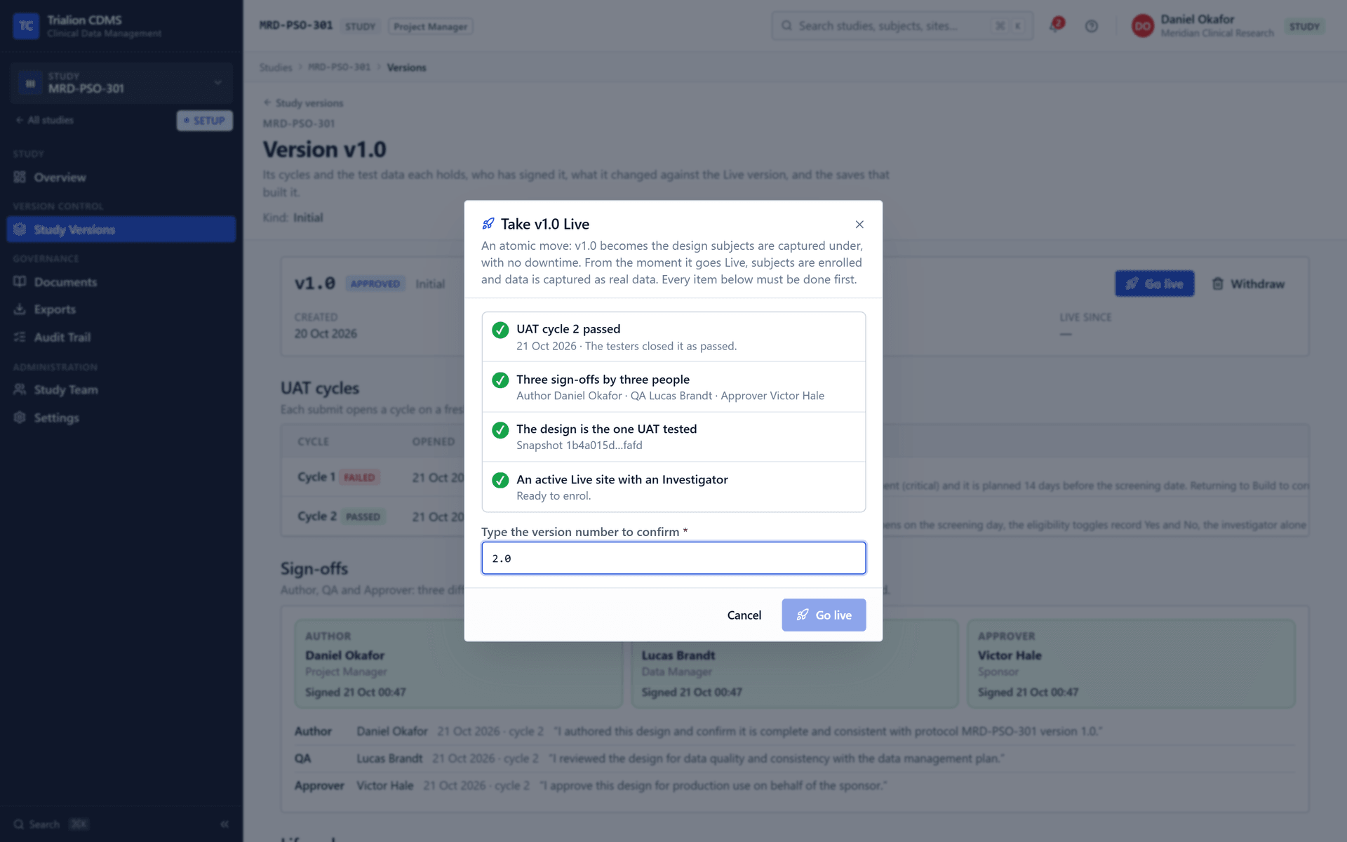 The Go live dialog while the version number typed does not match: the Go live button stays disabled.
