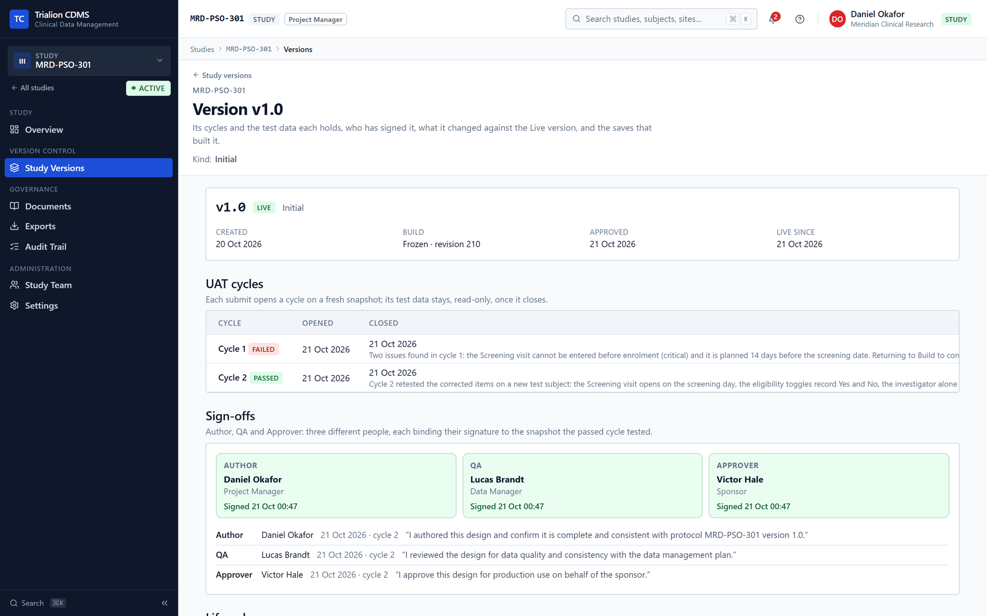 Version 1.0 after Go live: the Live version of the study.