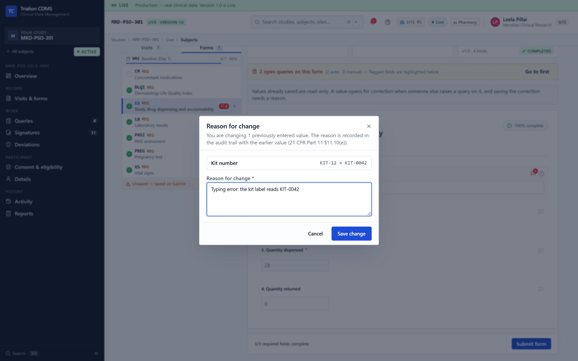 Correcting a saved value: the dialog shows the earlier and the new value and asks for the reason.