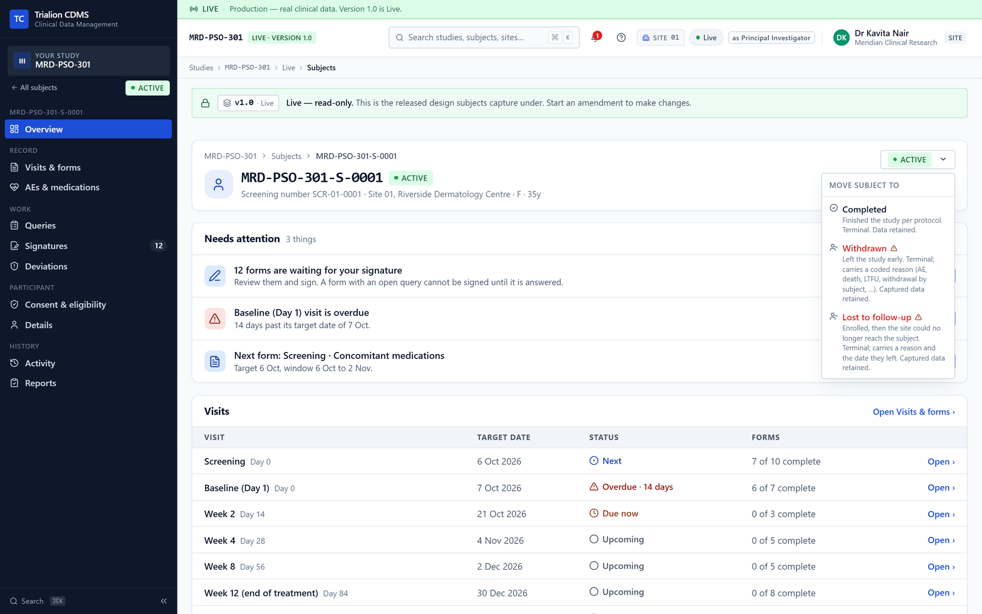 The status menu of an active participant: complete, withdraw and lost to follow-up.