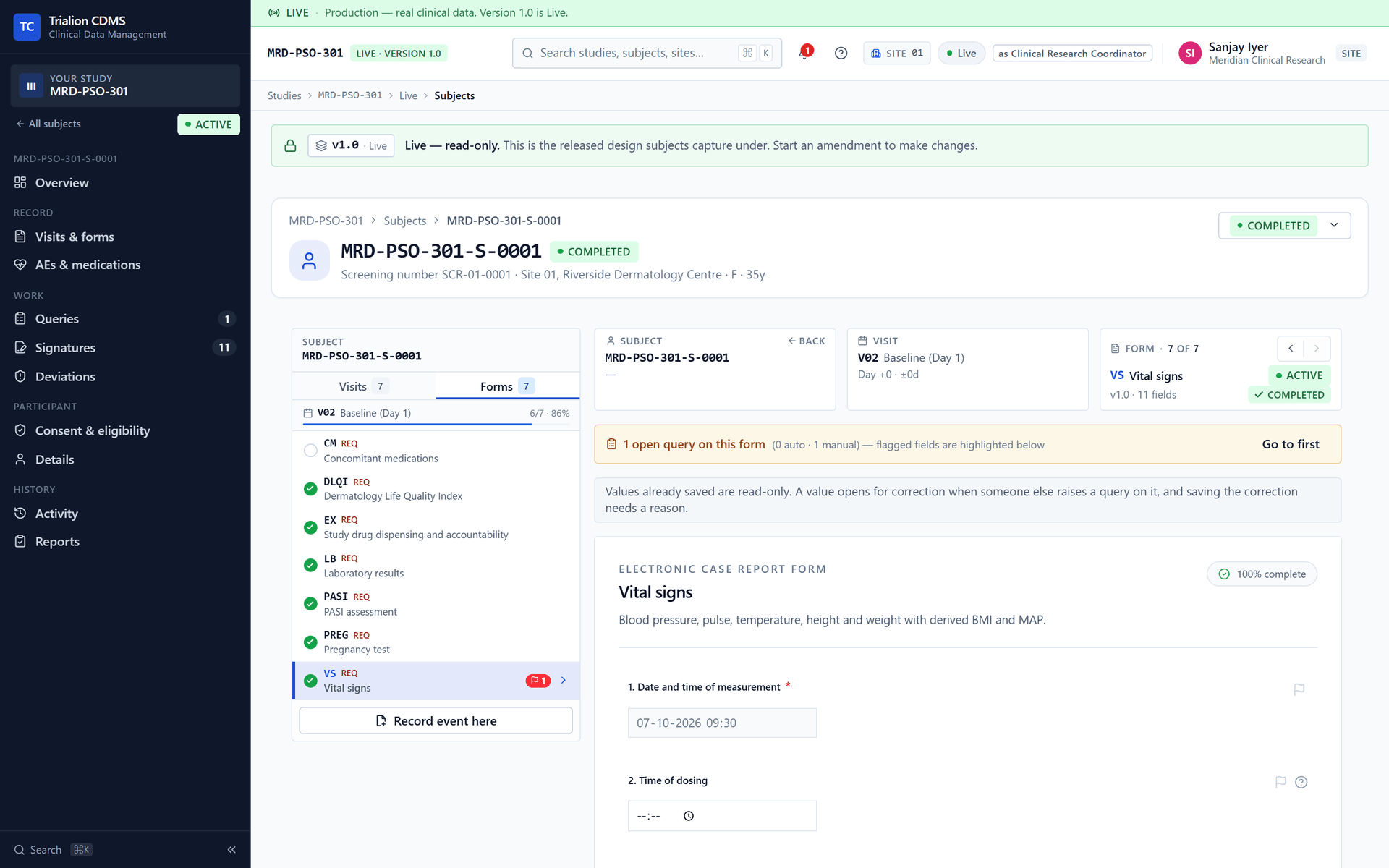 A completed participant's form: only a field carrying a live query raised by someone else can be corrected, and the screen says so.