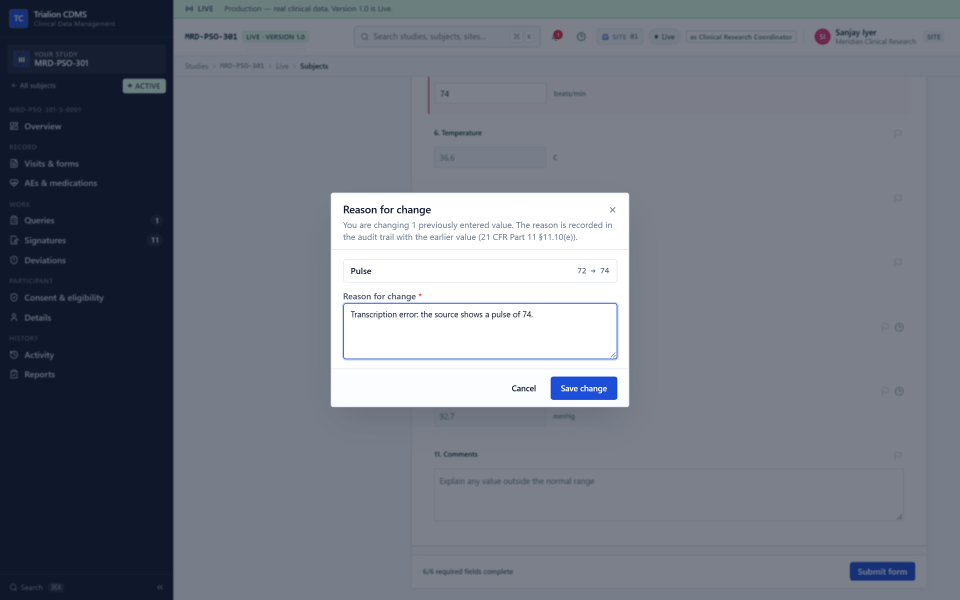 Correcting a value of a completed participant through a query: the reason for the change is asked for.