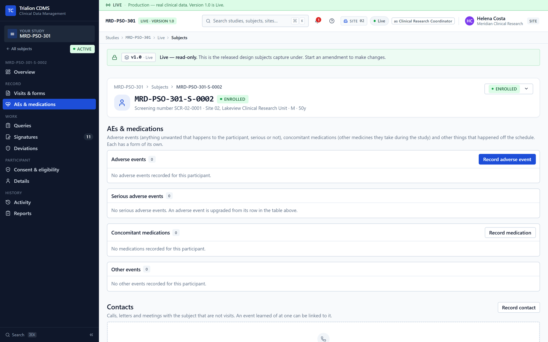 The AEs and medications page of a participant before an event is recorded.