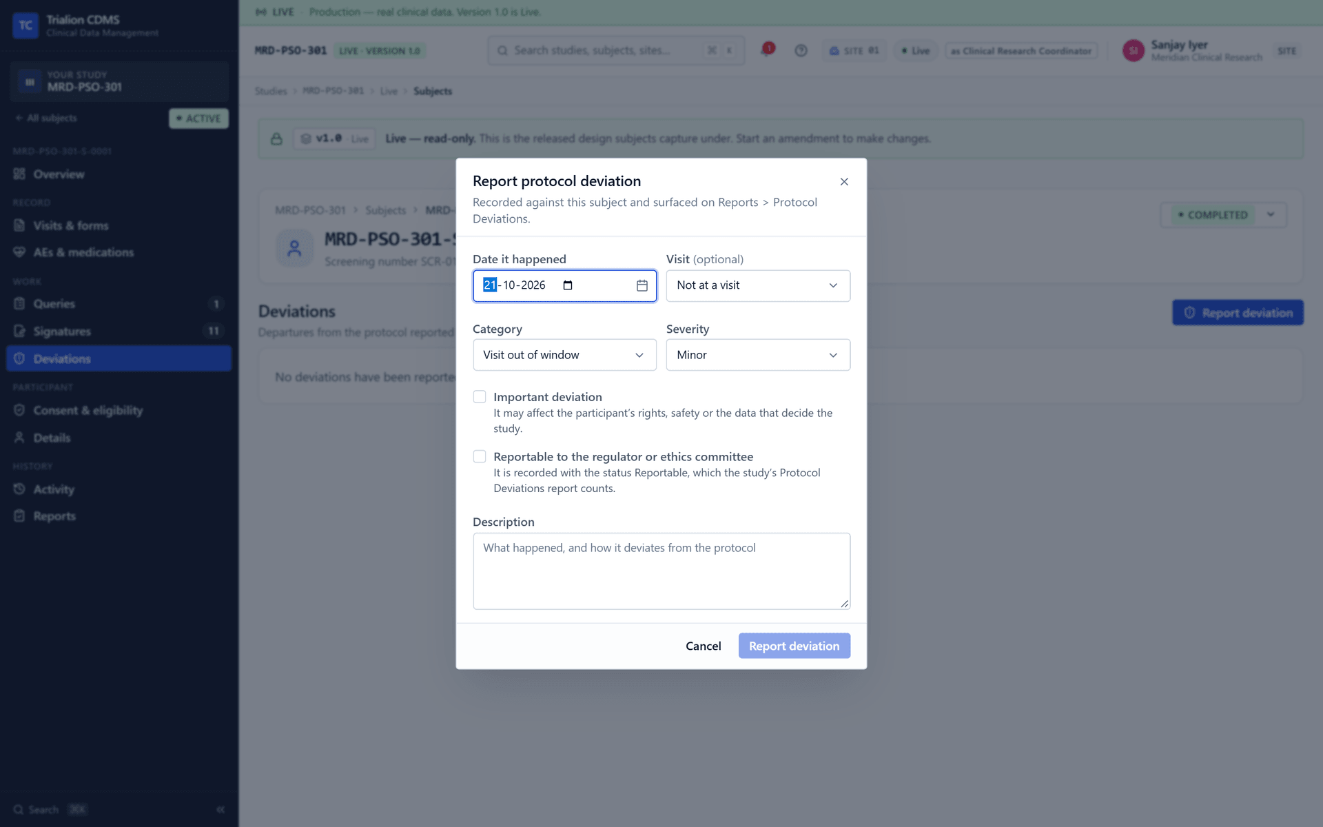 The Report deviation dialog: the day it happened, the visit, category, severity, Important and Reportable.