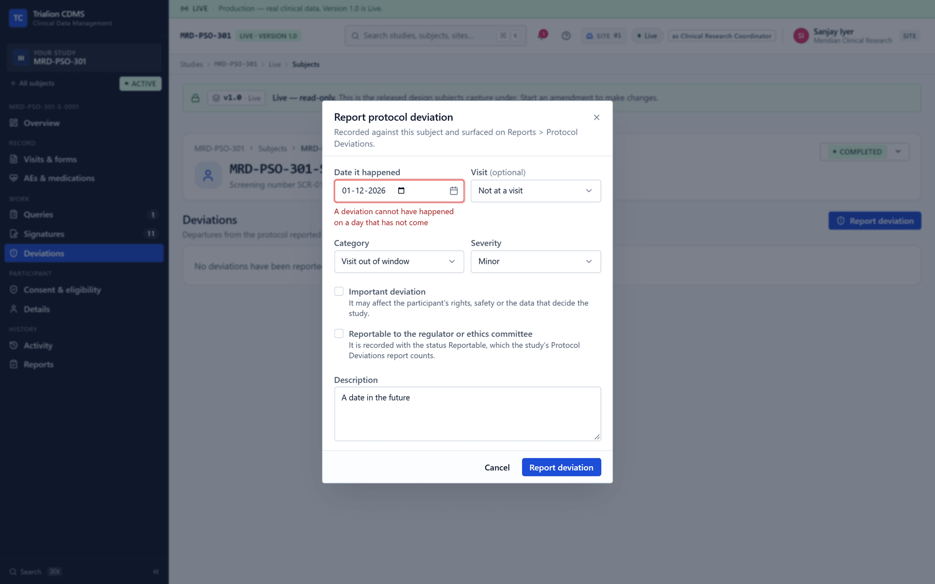 Reporting a deviation with a day in the future: the date is refused beside the field.