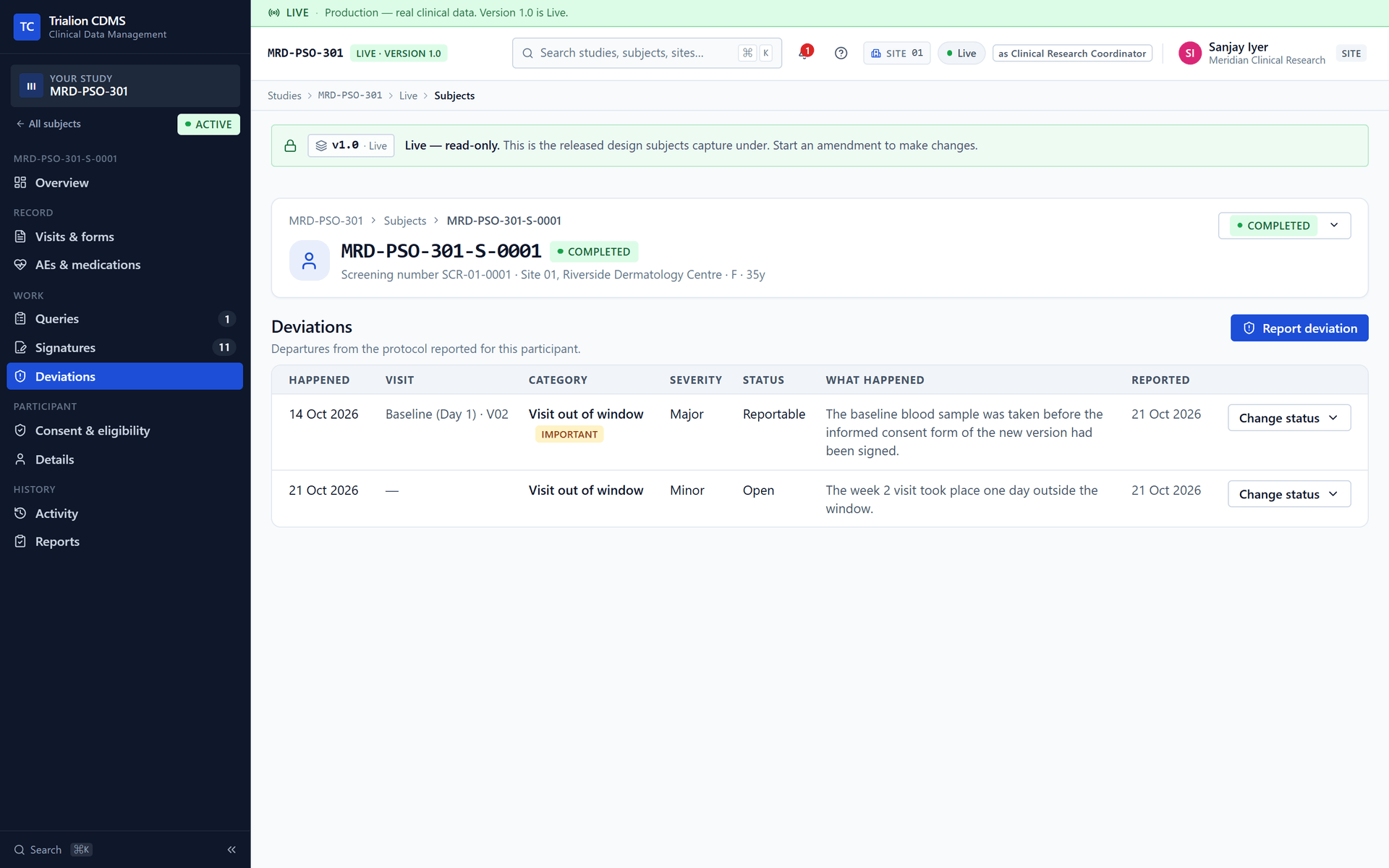The participant's Deviations page: when it happened apart from when it was reported, the visit, the Important badge, the Reportable status and a visible Change status button.