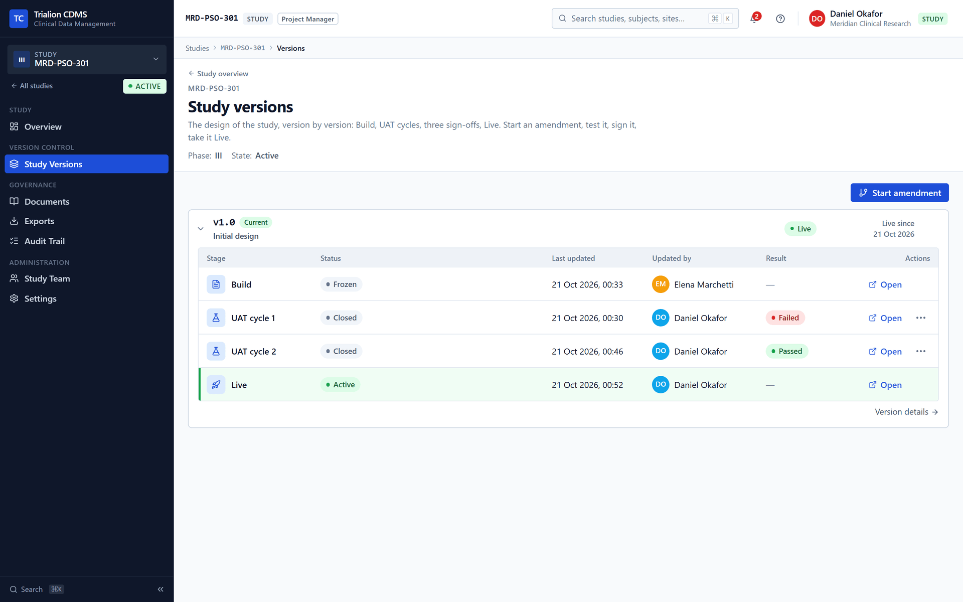 The Study Versions list with version 1.0 Live and the Start amendment action.