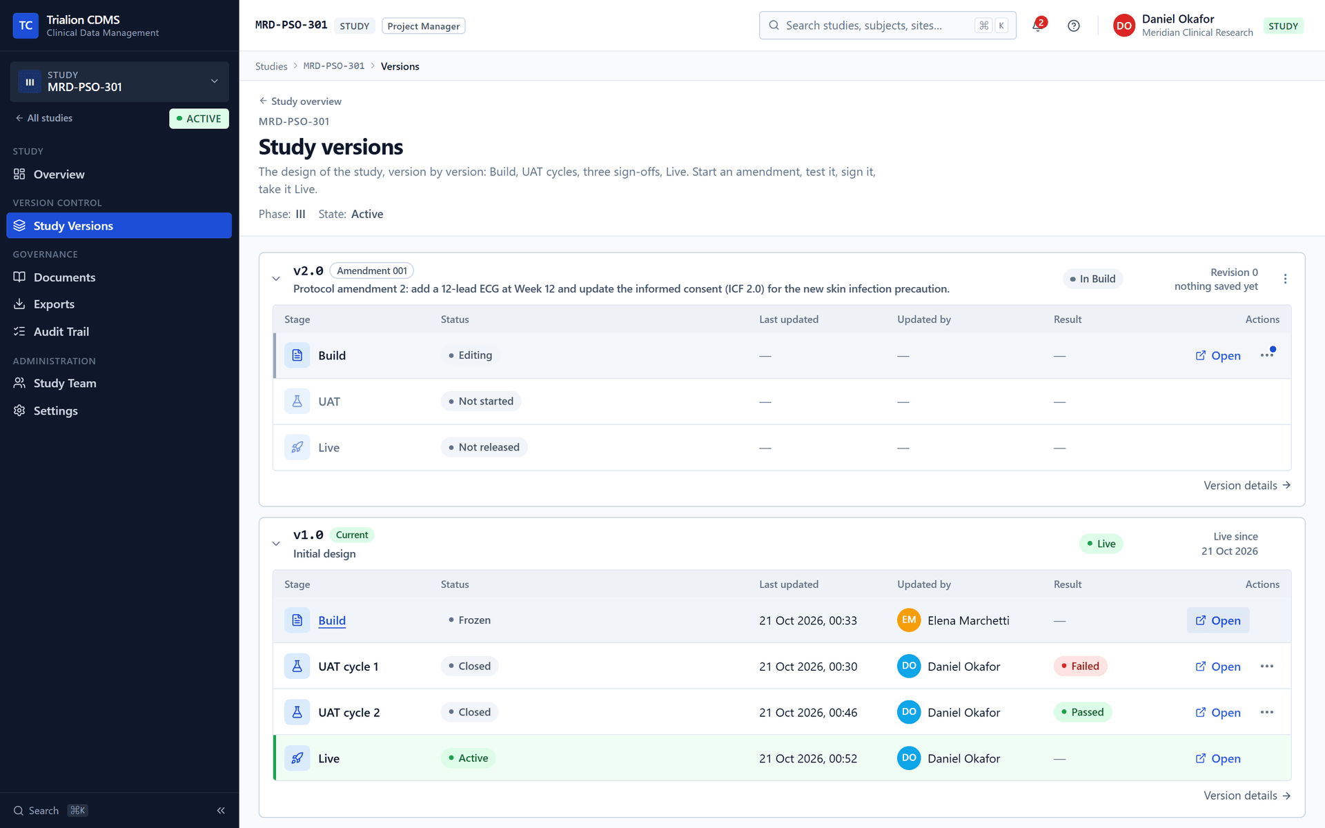 The version list after the amendment was started: version 2.0 in Build beside the Live version 1.0.
