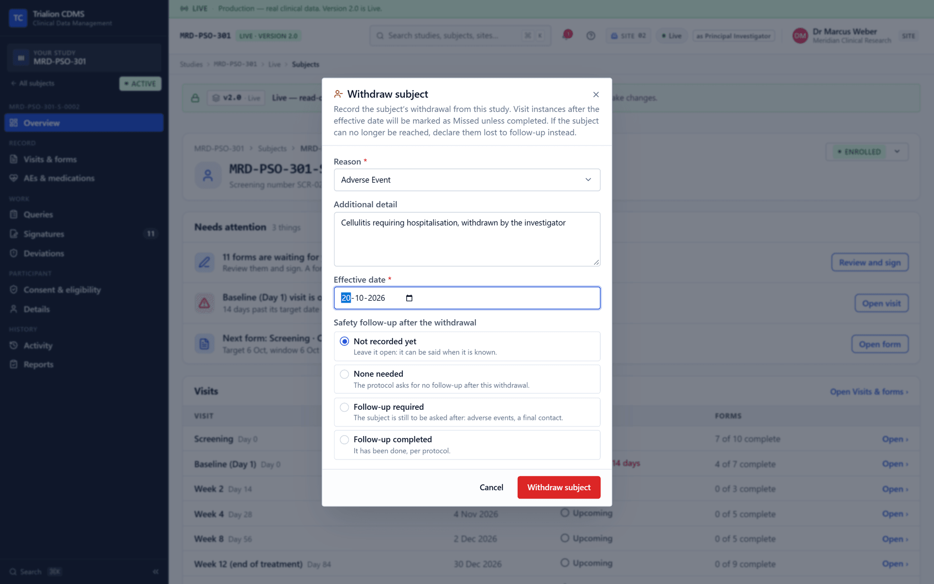 The dialog for moving a participant to Withdrawn, opened from the status menu.