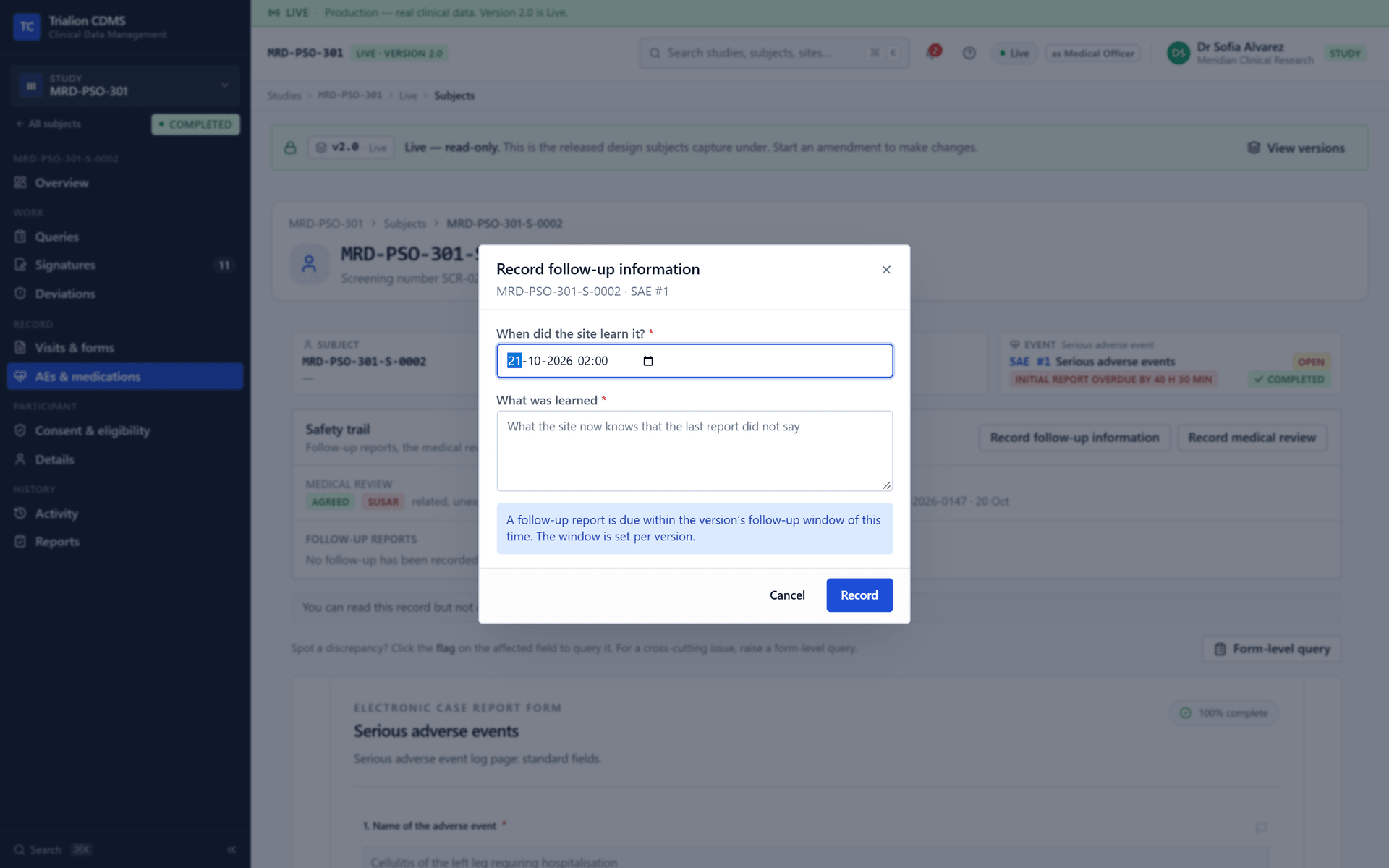 The follow-up report dialog of a serious event.