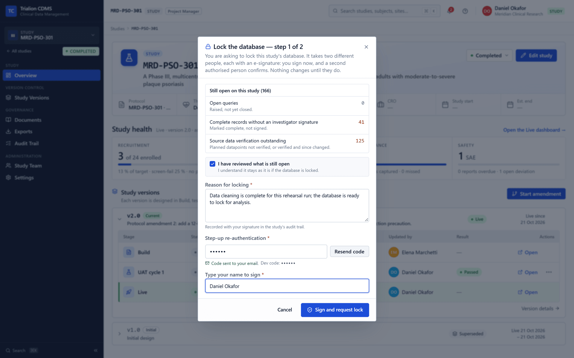 The lock dialog as the Project Manager: open items, the acknowledgement, the reason, the step-up code and the typed name.