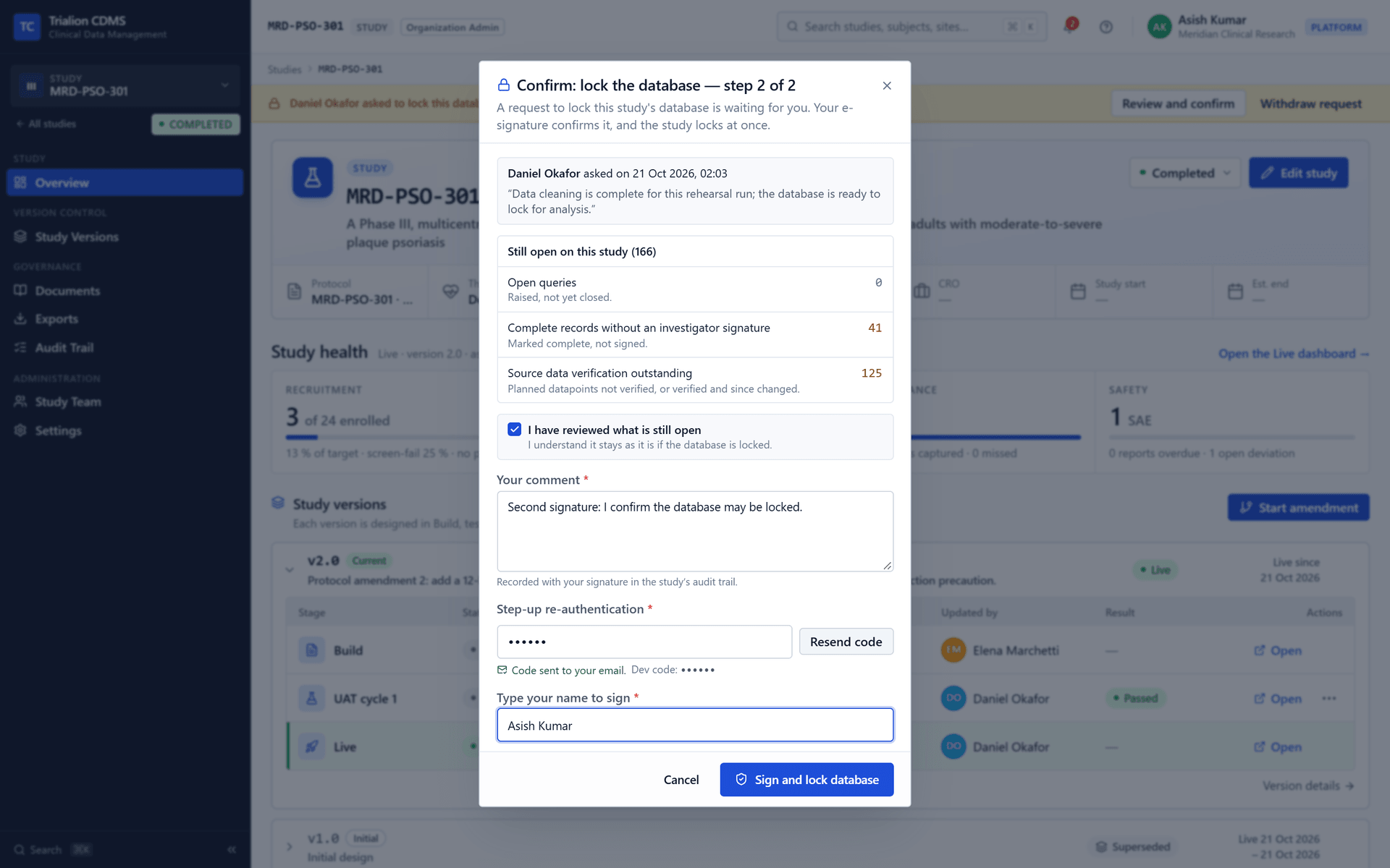 The lock dialog as the second person, the Organization Admin: the same list, the acknowledgement, the reason, the code and the typed name.