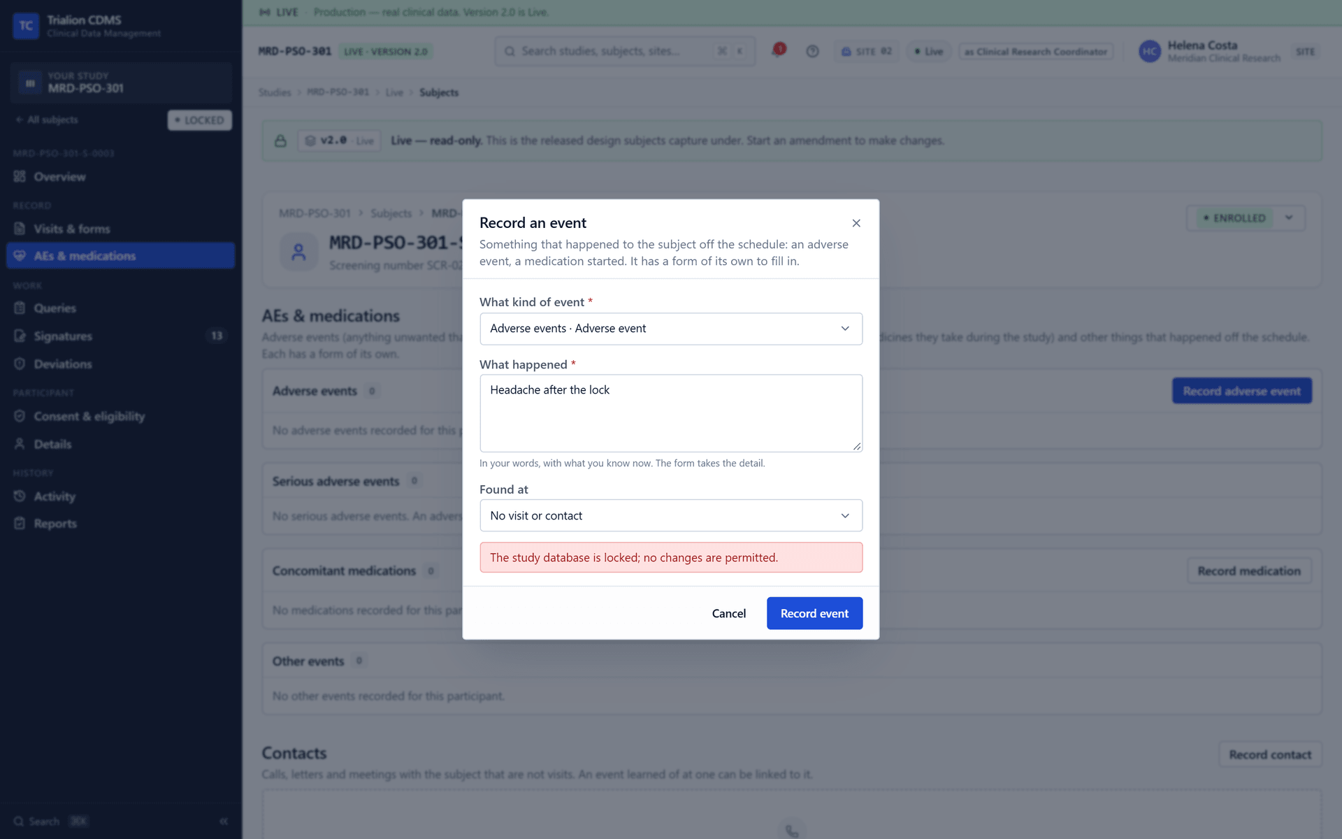 Recording an event after the lock is refused: the study database is locked and no changes are permitted.