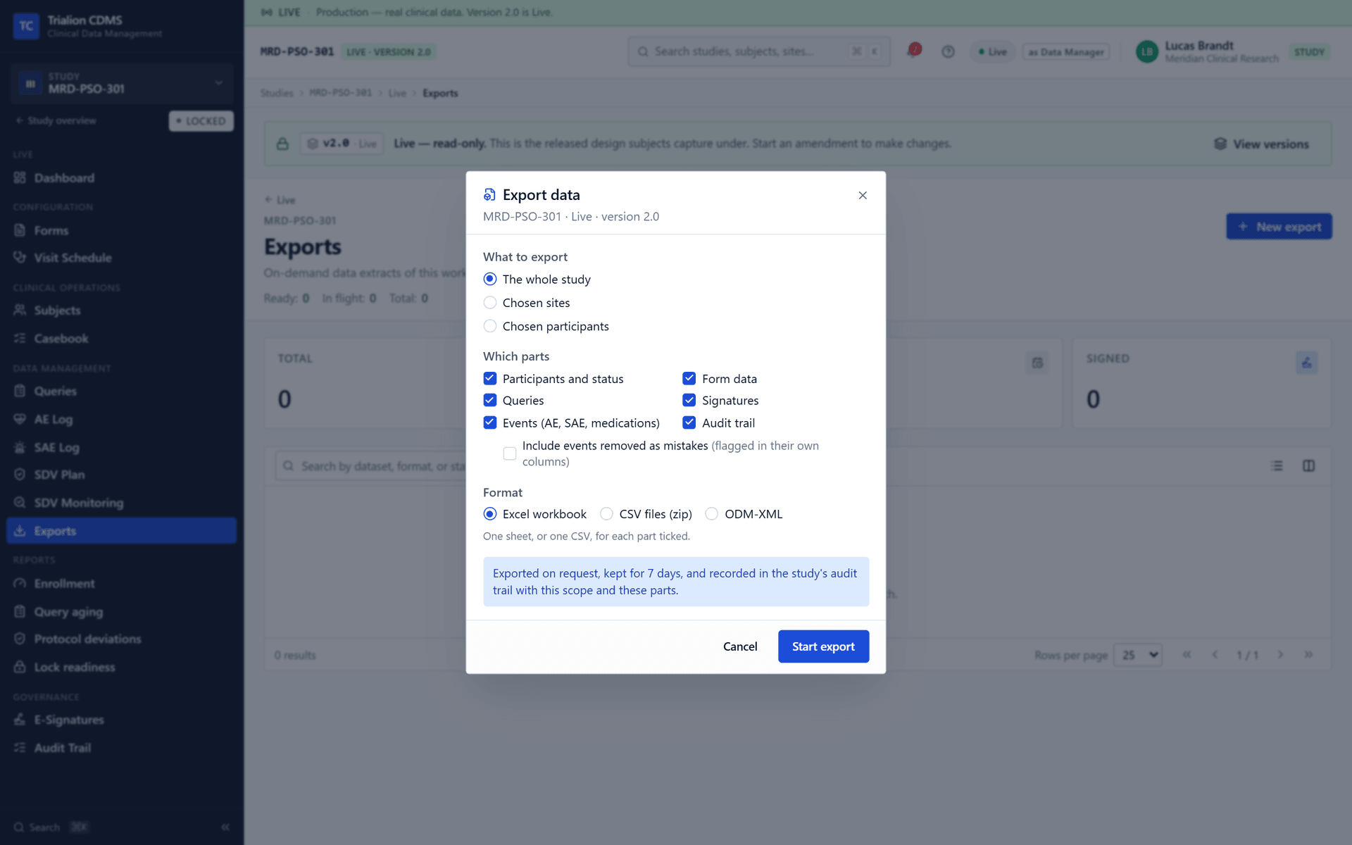 Export data: the whole study as an Excel workbook.
