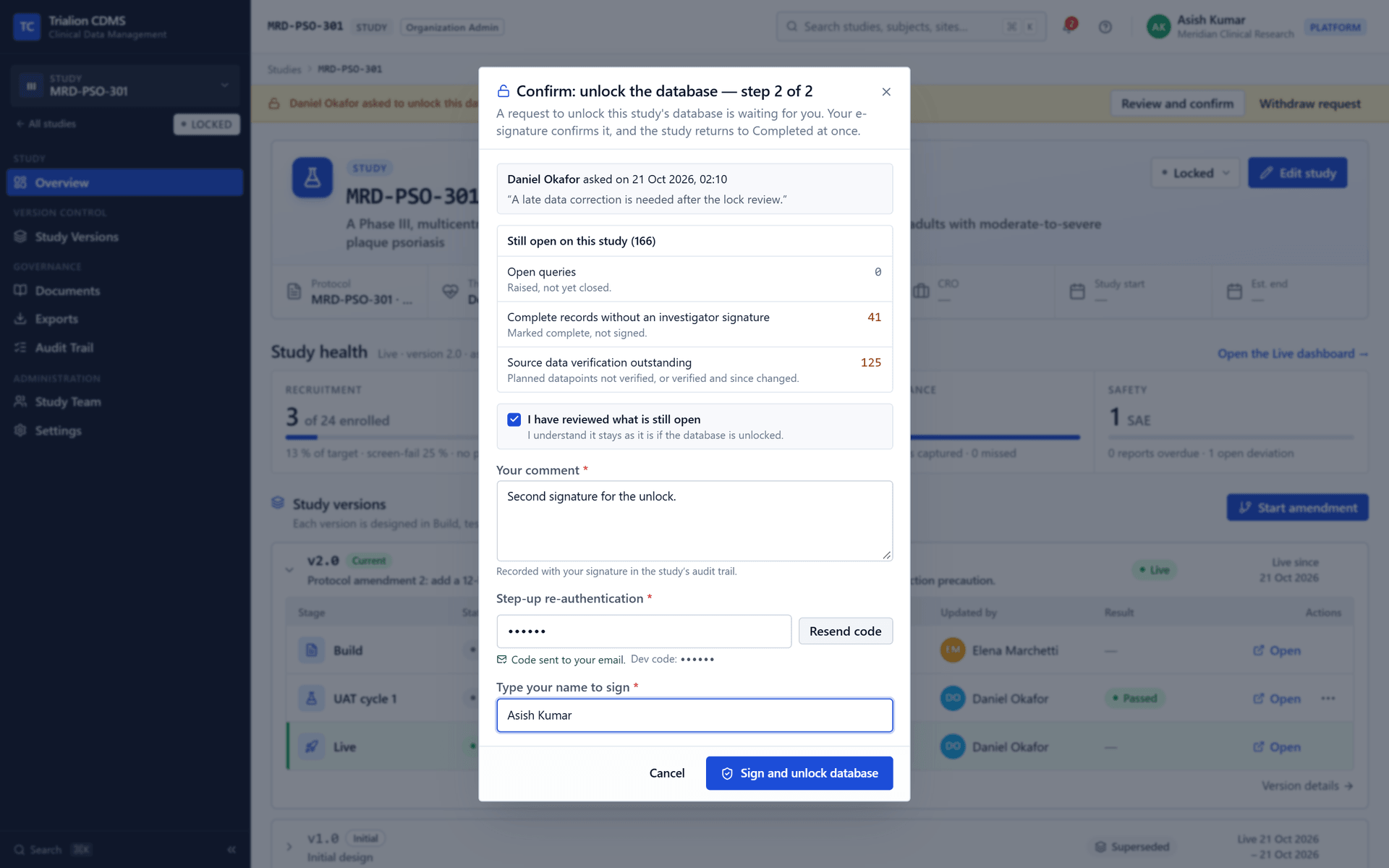 The same dialog for the second person, the Organization Admin, who confirms the unlock with a second signature.