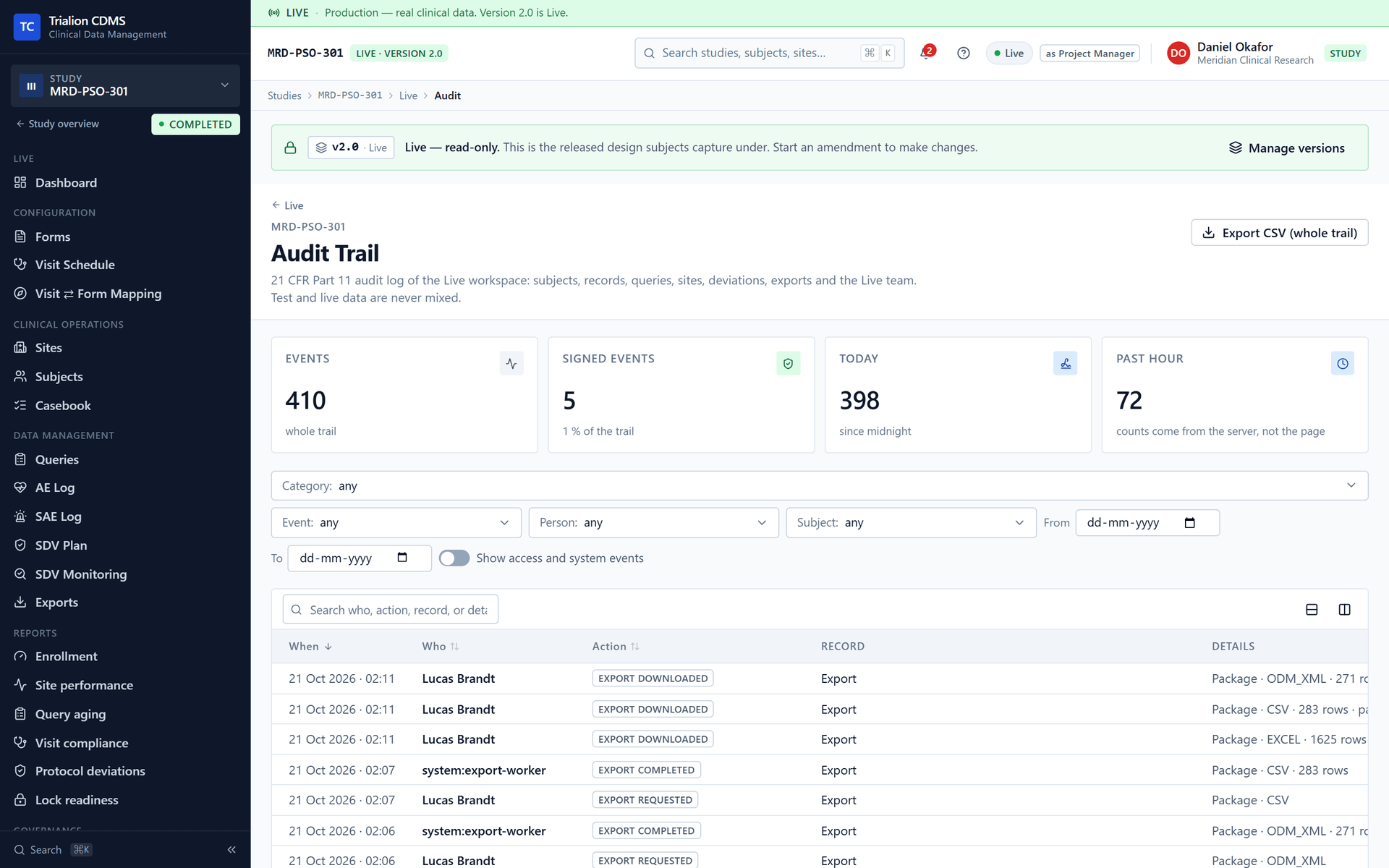 The study audit trail of the Live workspace: counts, filters and the events.